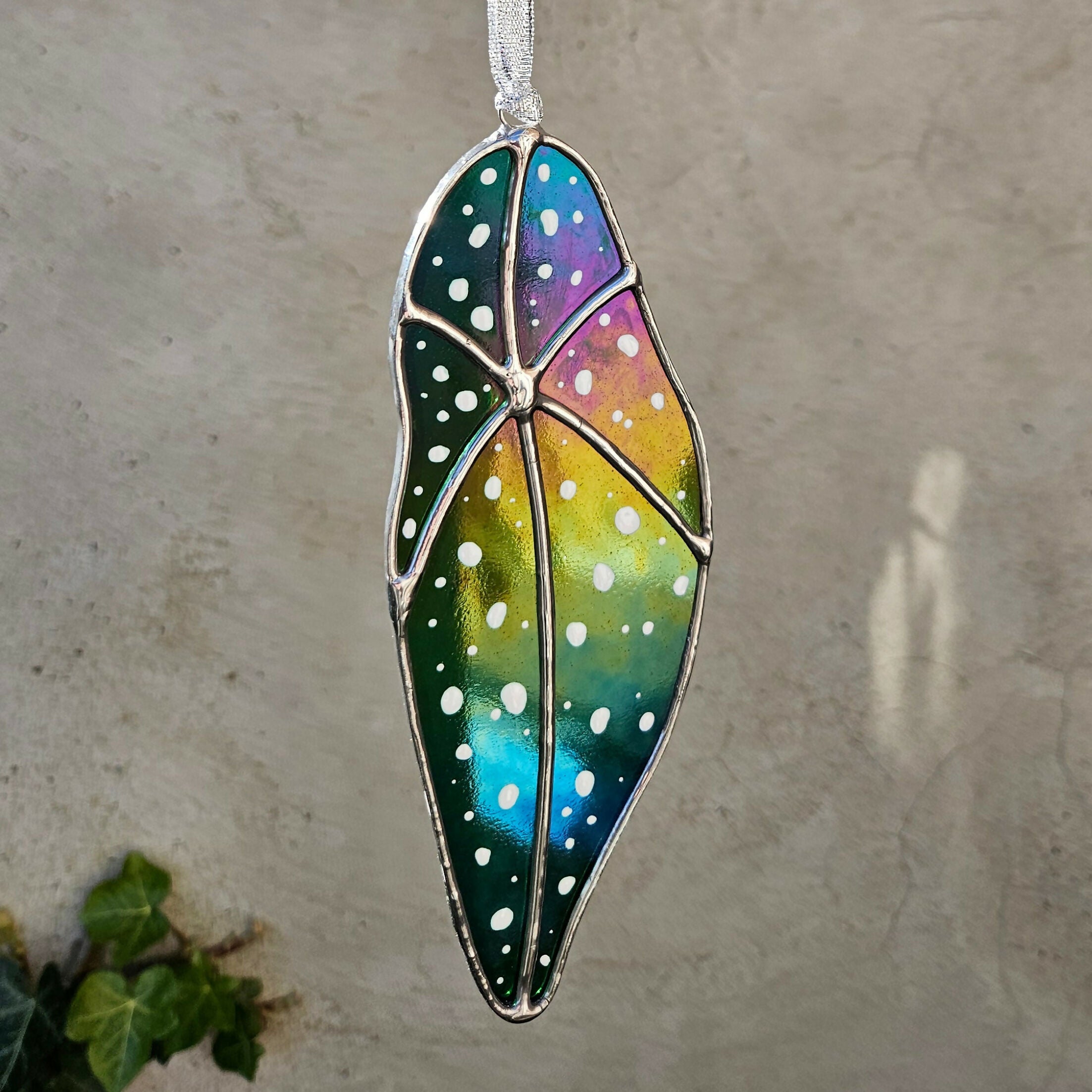Rainbow Iridescent Green Spotted Begonia Leaf Stained Glass Suncatcher