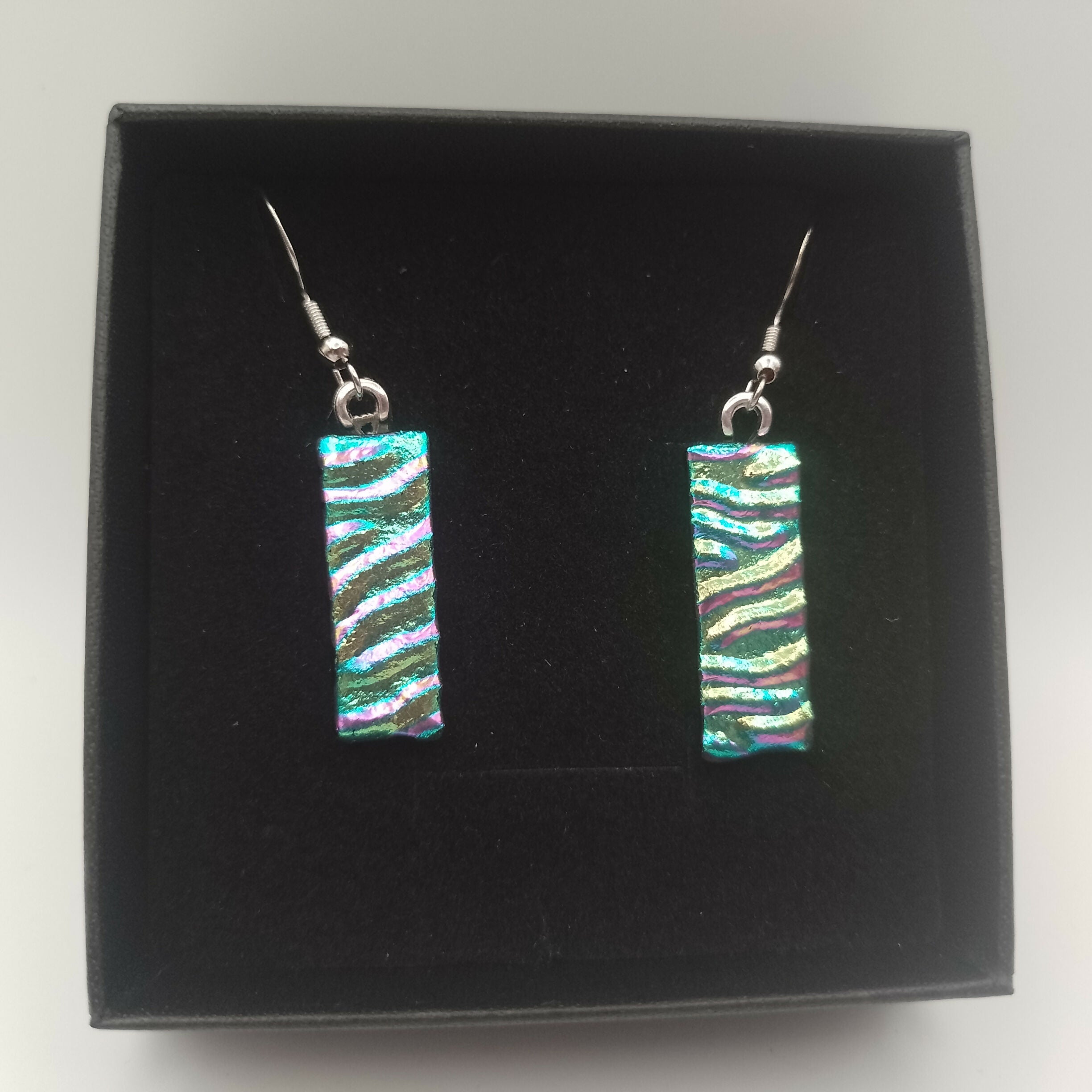 Green and Pink Rippled Dichroic Earrings