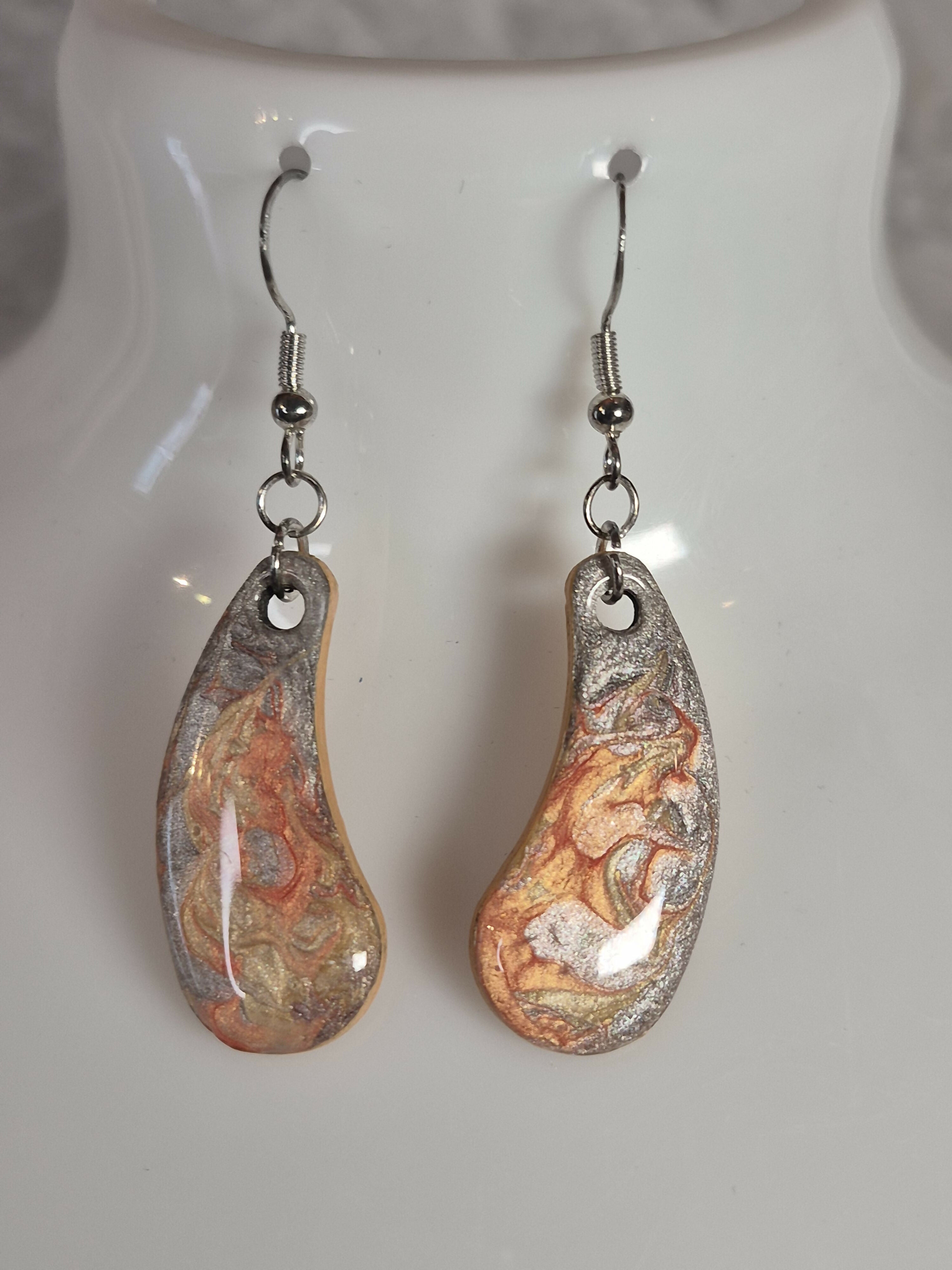 Handcrafted Teardrop Shaped Orange And Gold Earrings