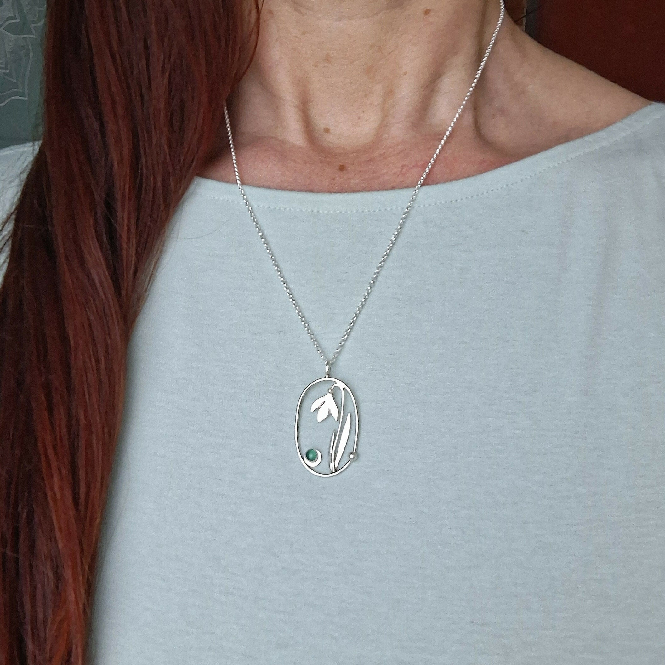 Handmade Large Silver Snowdrop Necklace With Green Onyx