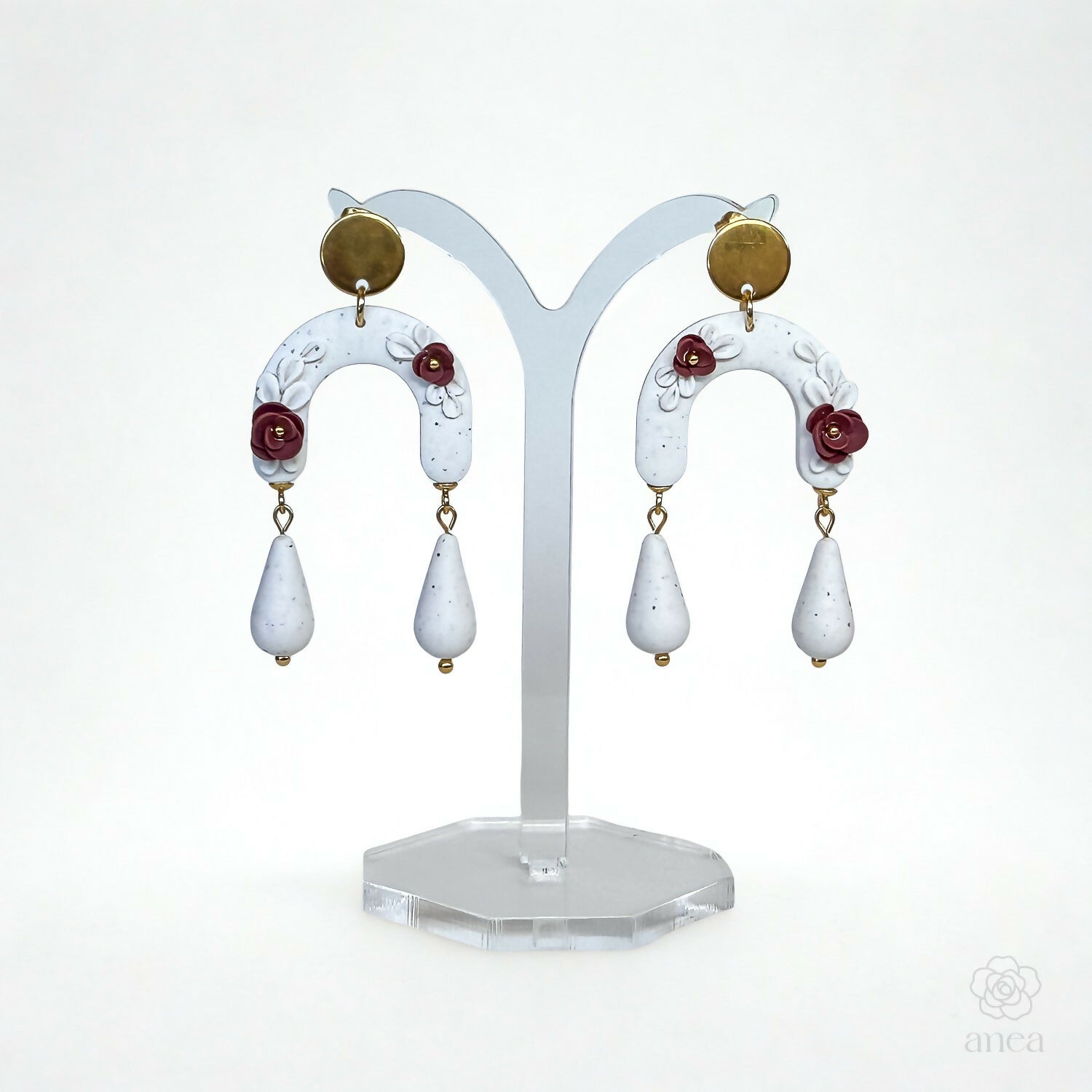 Floral Arch Drop Earrings with Teardrop Beads in White