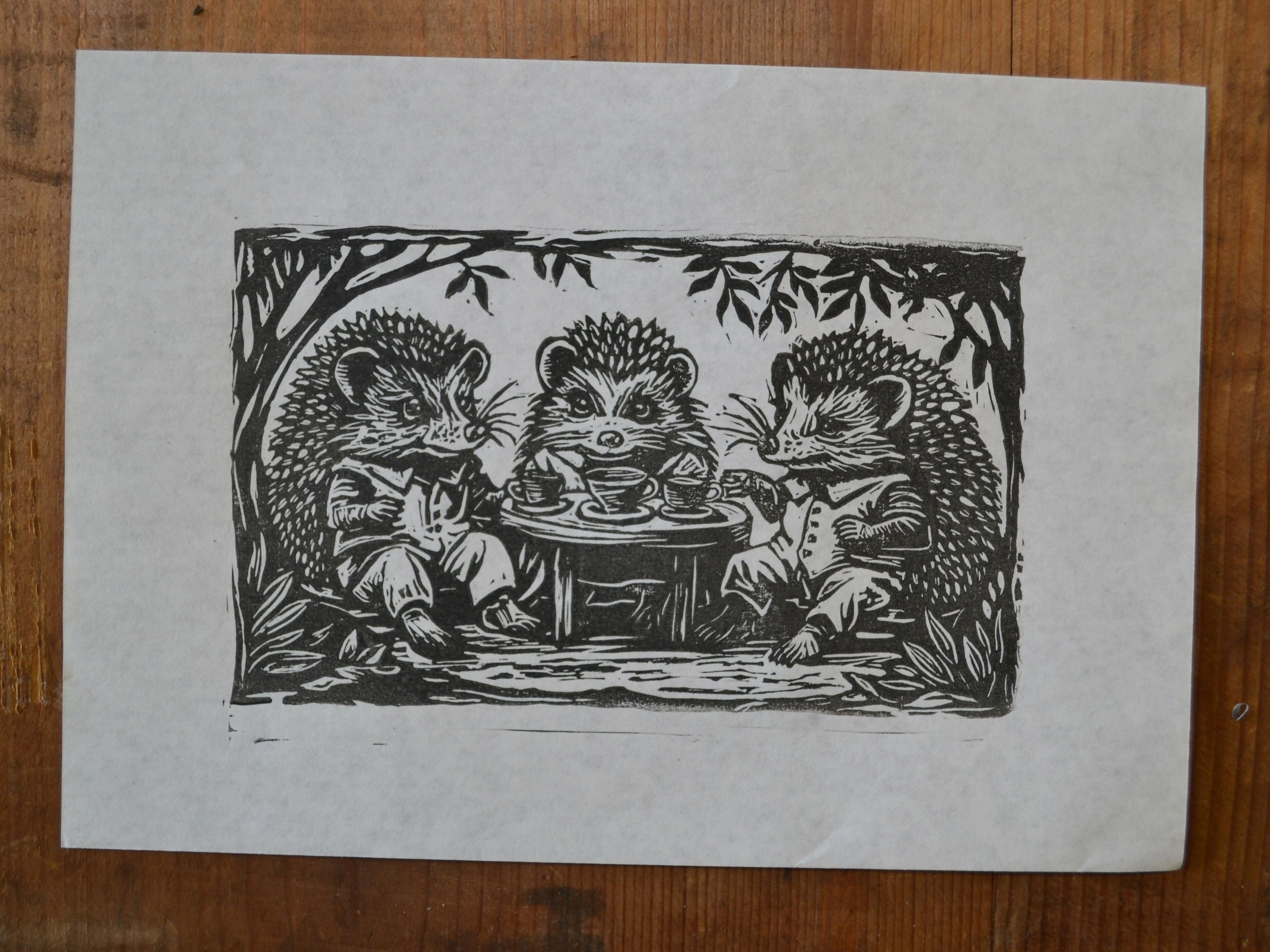 Hedgehog tea party Lino print