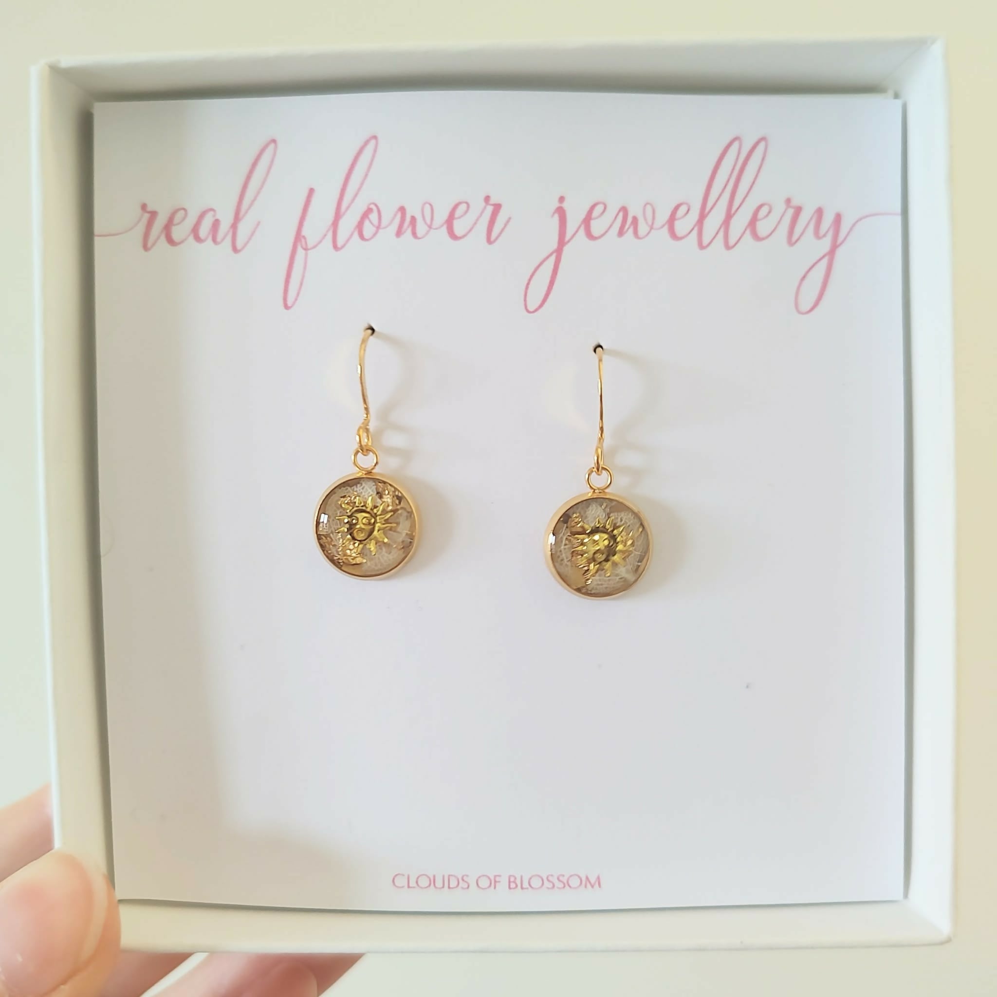 White Hydrangea and Sun Mirrored Circle Earrings Gold Plated