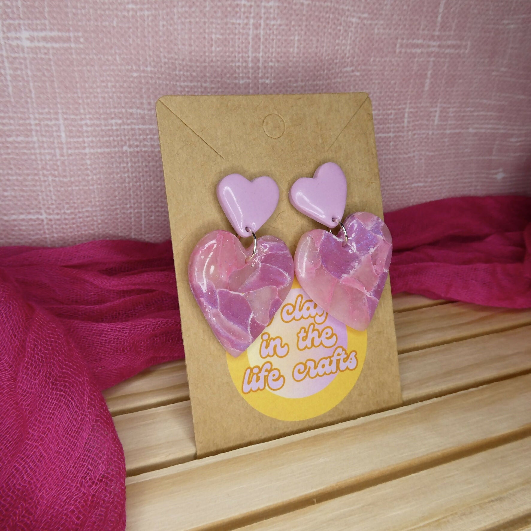 Pink Mosaic Heart Polymer Clay Earrings