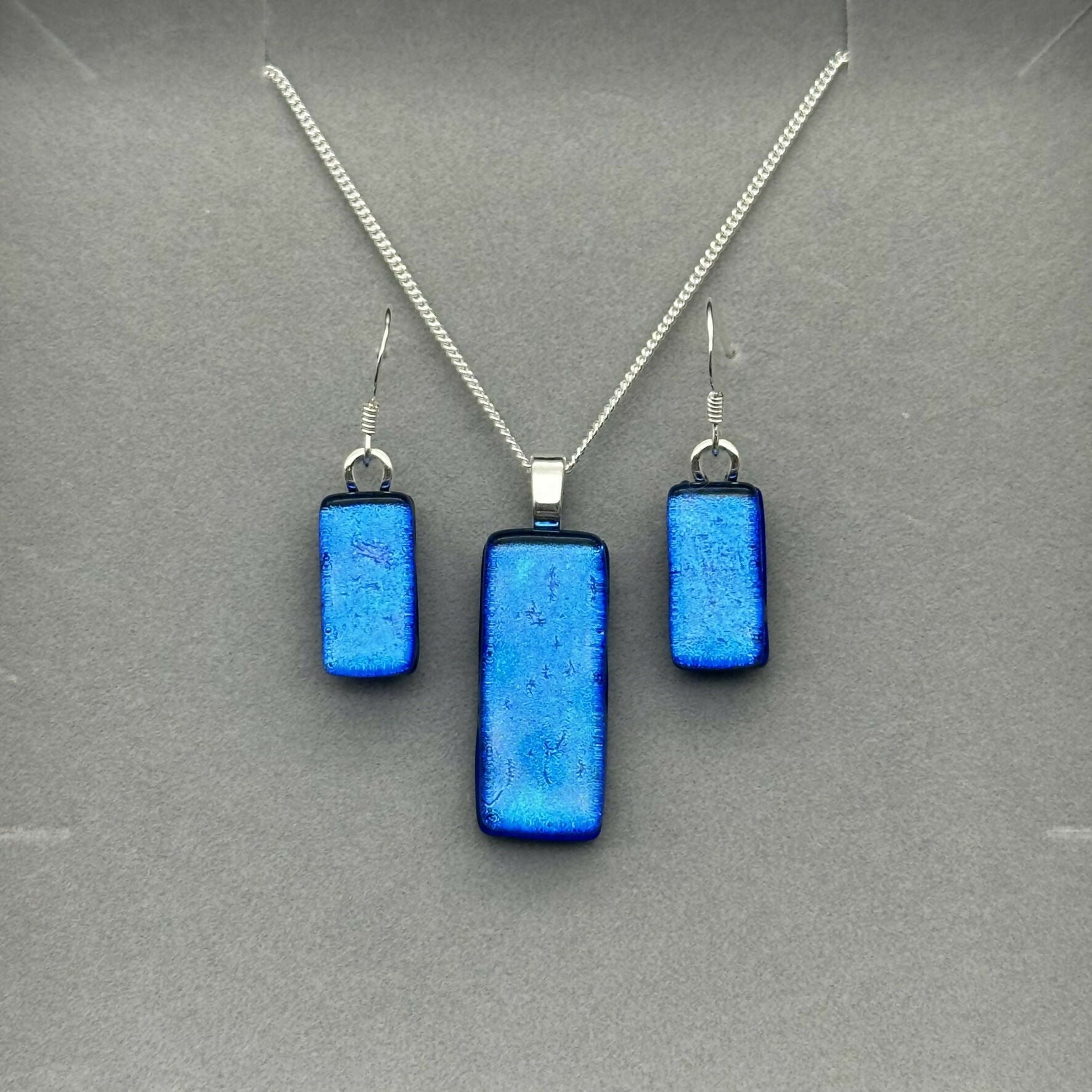 Mid Blue Dichroic Glass Necklace and Earrings Set - Sterling Silver, Handmade by Jade Tapson Glass.