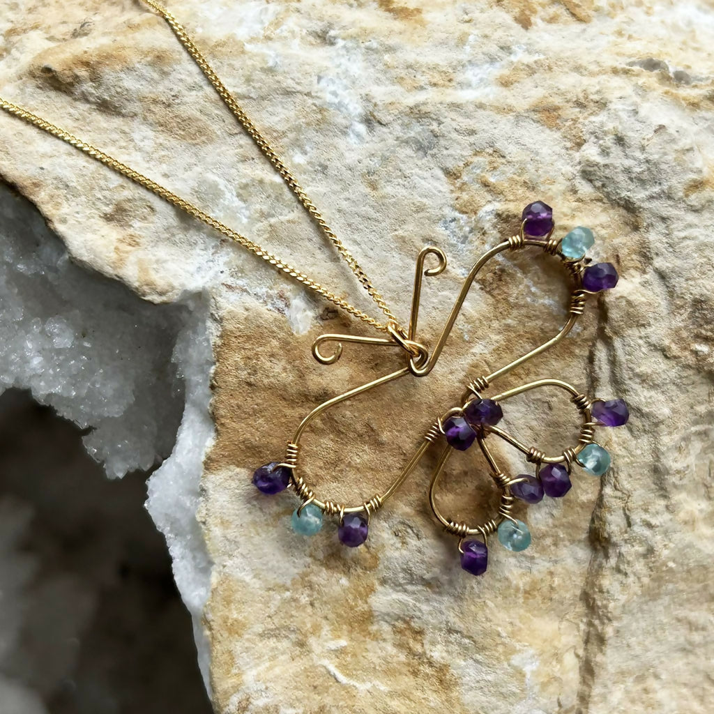 Handmade Gold Vermeil Amethyst And Aquamarine Butterfly Necklace