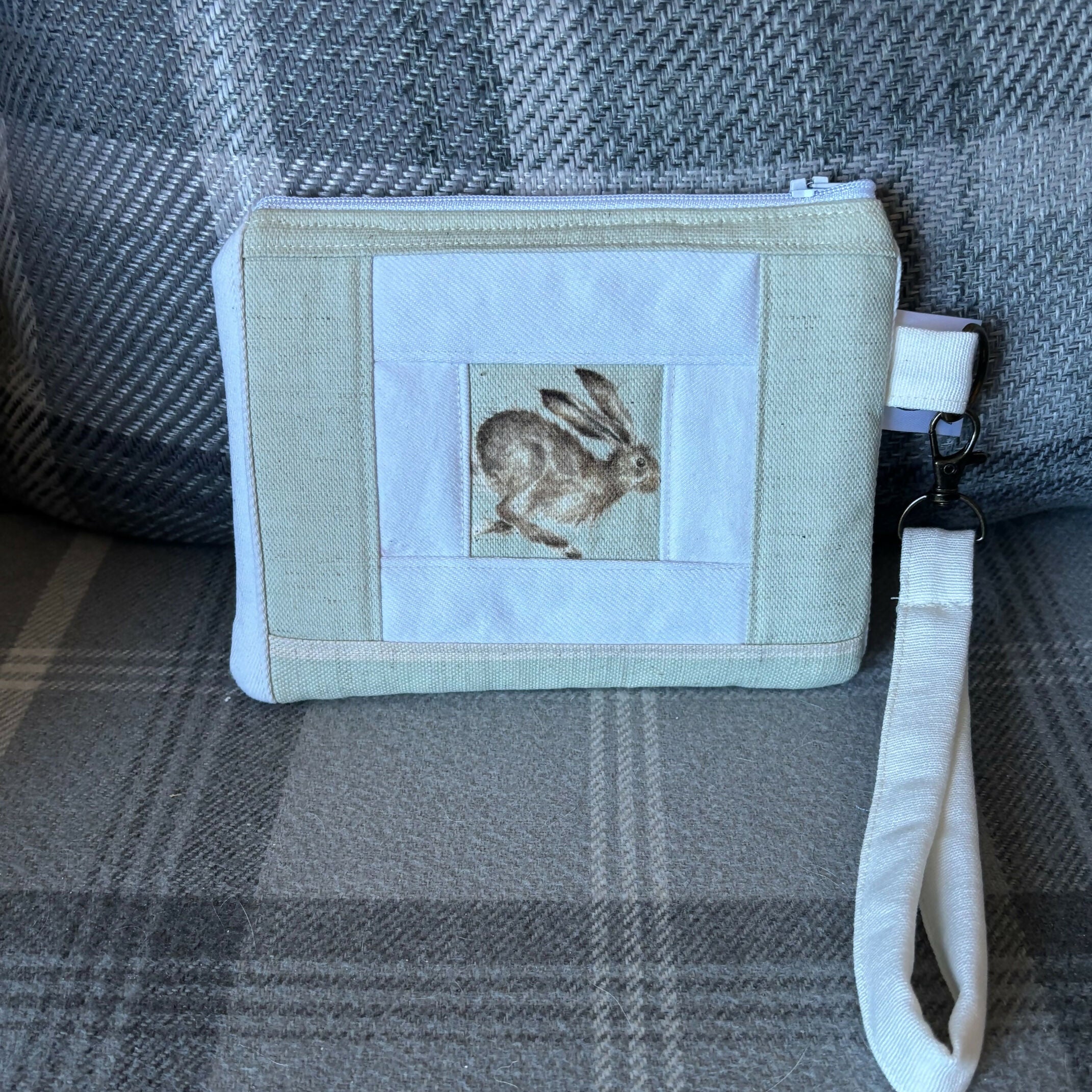 Unique Handcrafted Patchwork Purse Wristie Made From Upcycled White Jeans And Animal Print Fabric