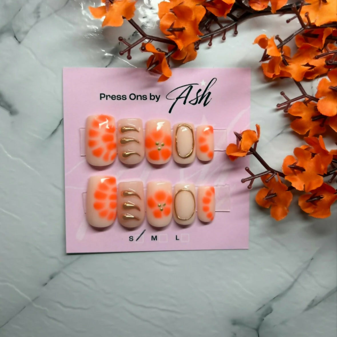 Reusable Orange and Gold Detailed Handmade Press On Nails