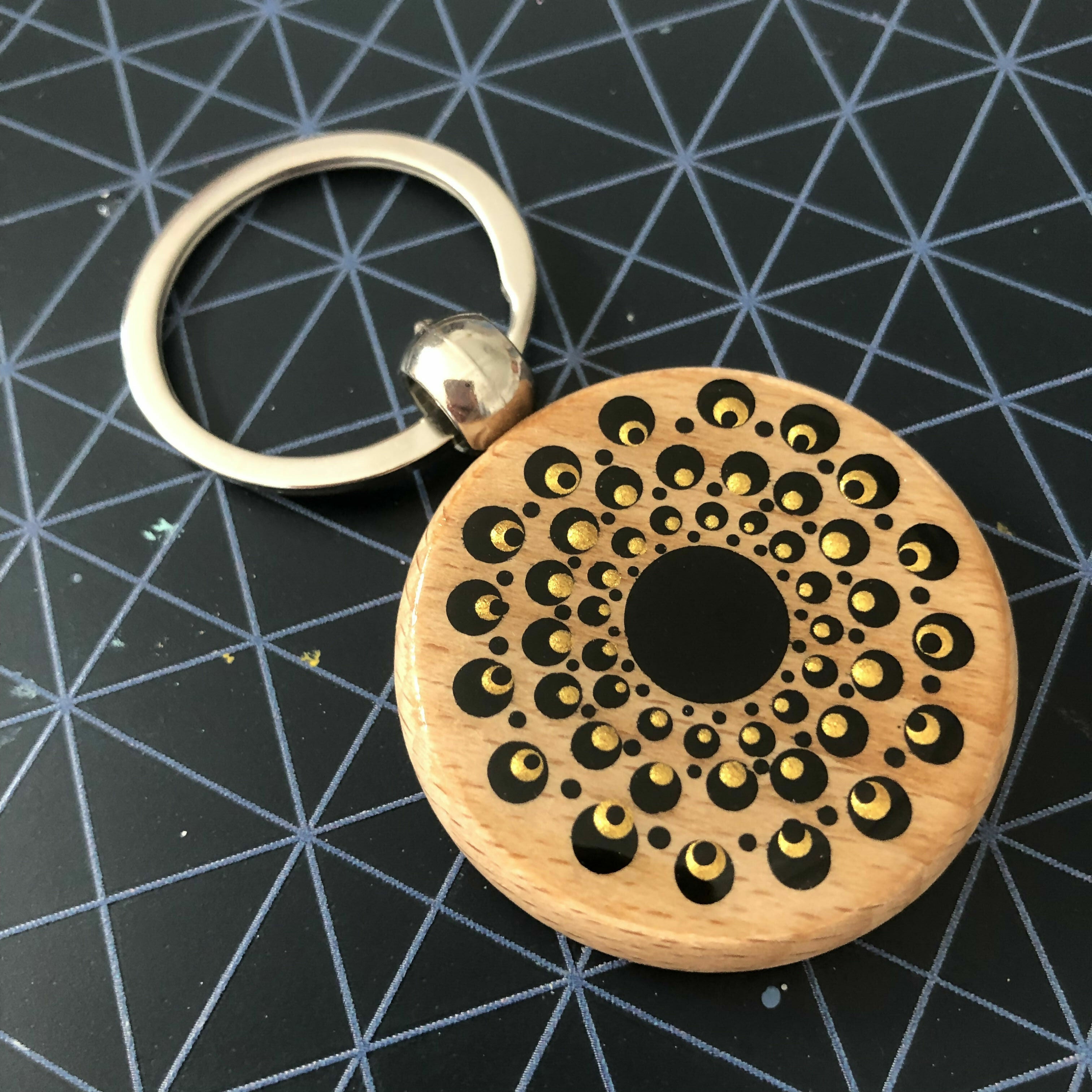 Hand Painted Dot Mandala Wooden Key Ring: Ebony Black with gold