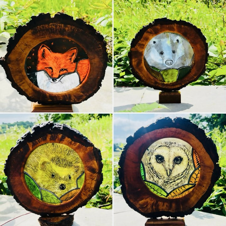 Hand Painted Stained Glass Forest Creatures in Wood Log