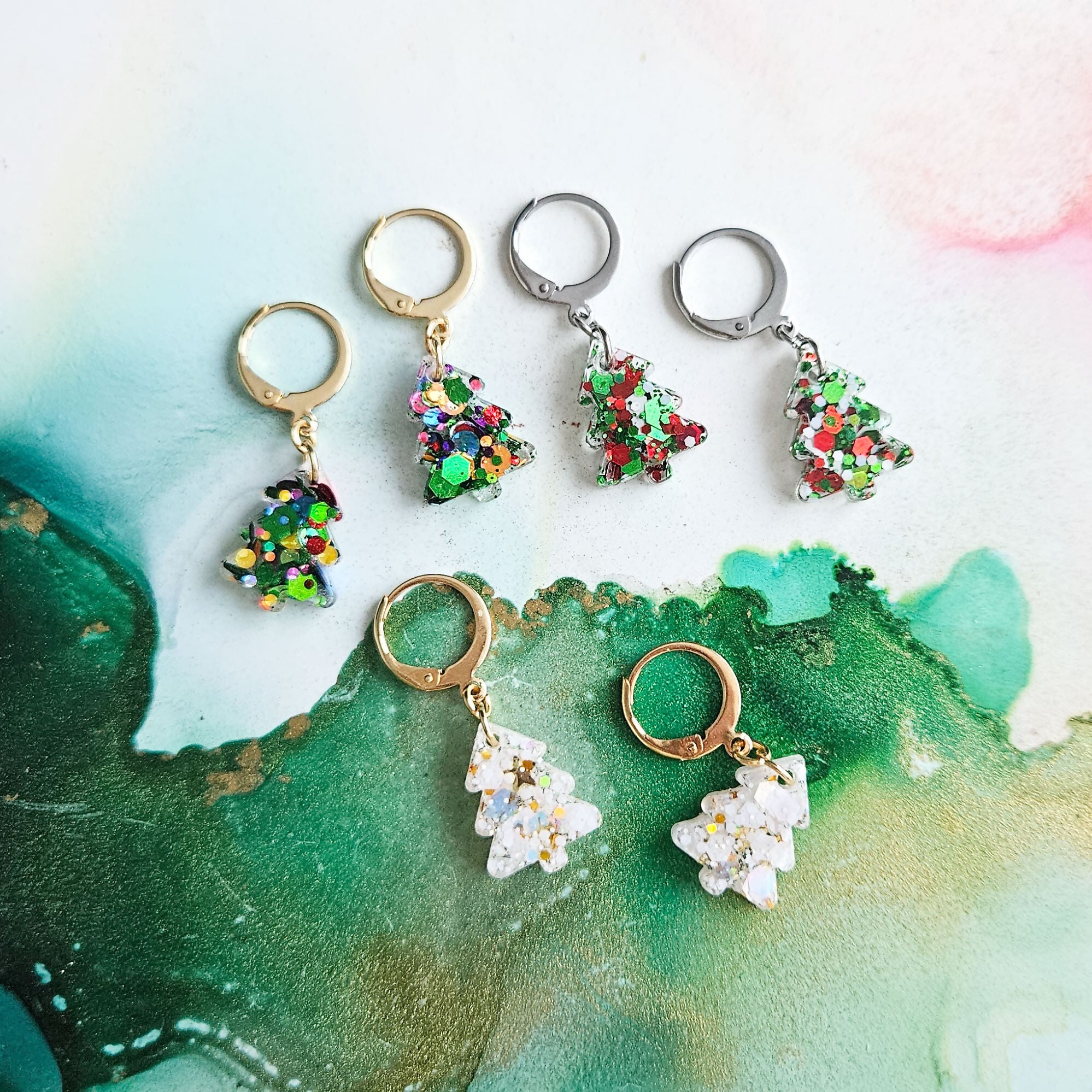 Handmade Glitter Resin Christmas Tree Charms On Huggie Hoops