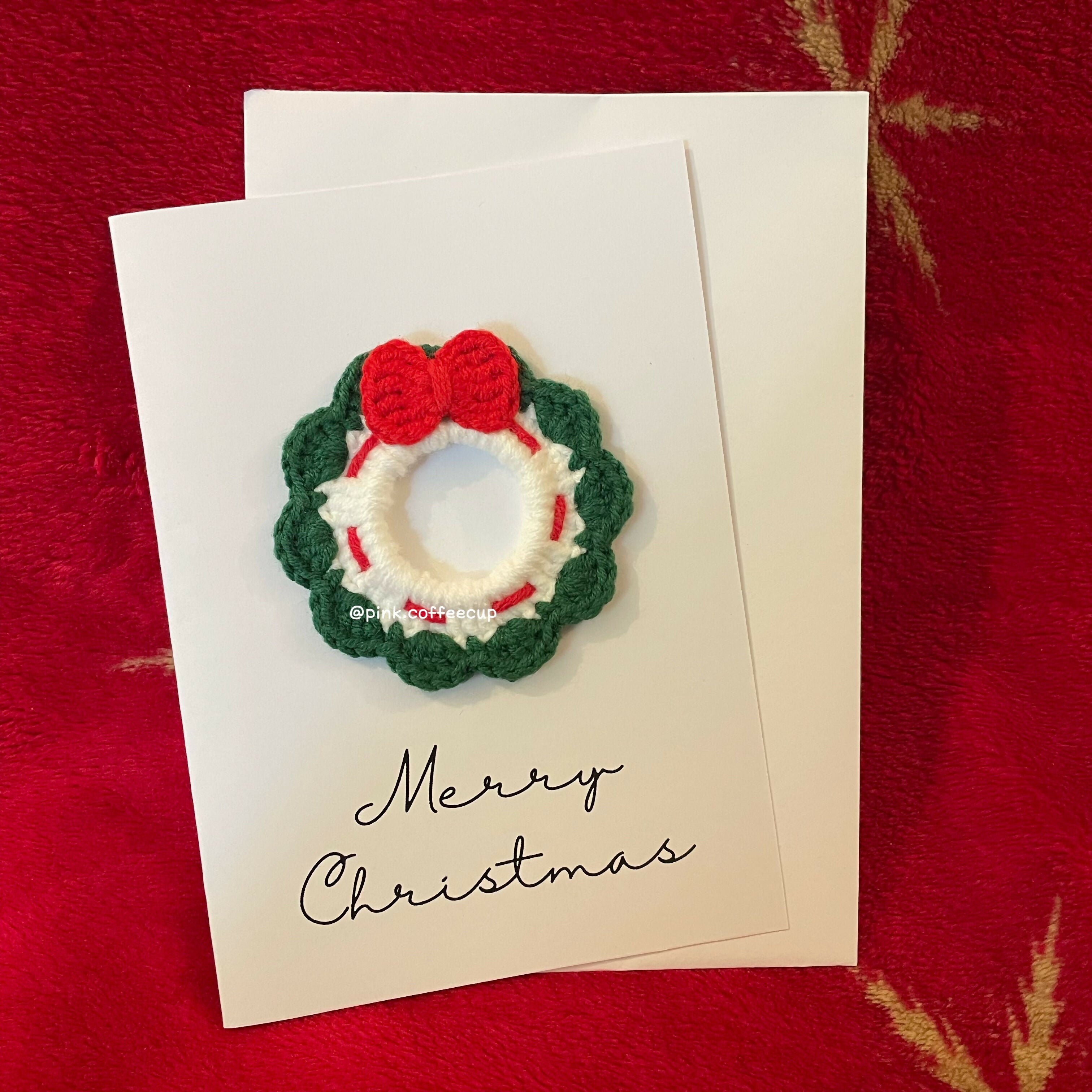 Crochet Handmade Wreath with Bow Christmas Card - Merry Christmas