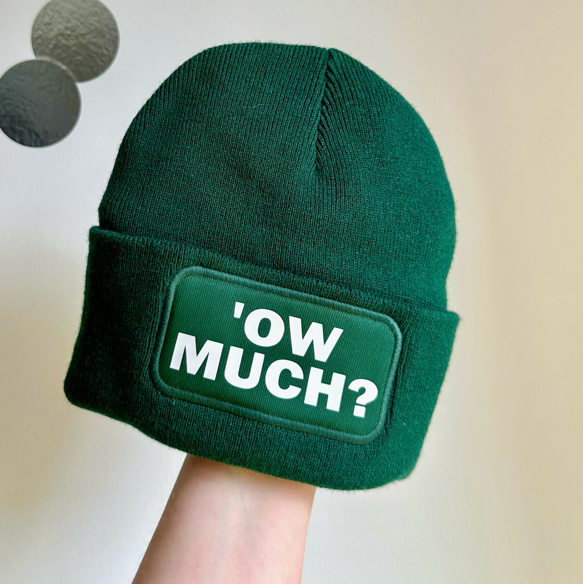 Ow Much Cuffed Rectangular Patch Beanie Hat