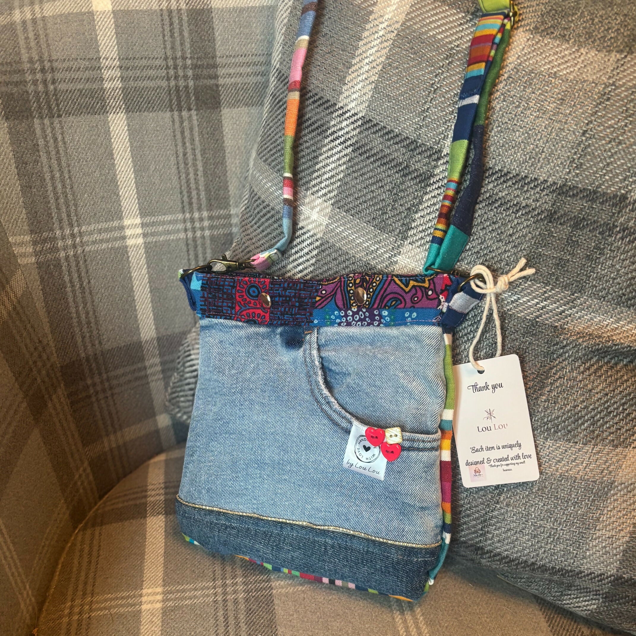Unique Design Handcrafted Bag Purse Handbag Made From Upcycled Jeans And Bright Fabrics