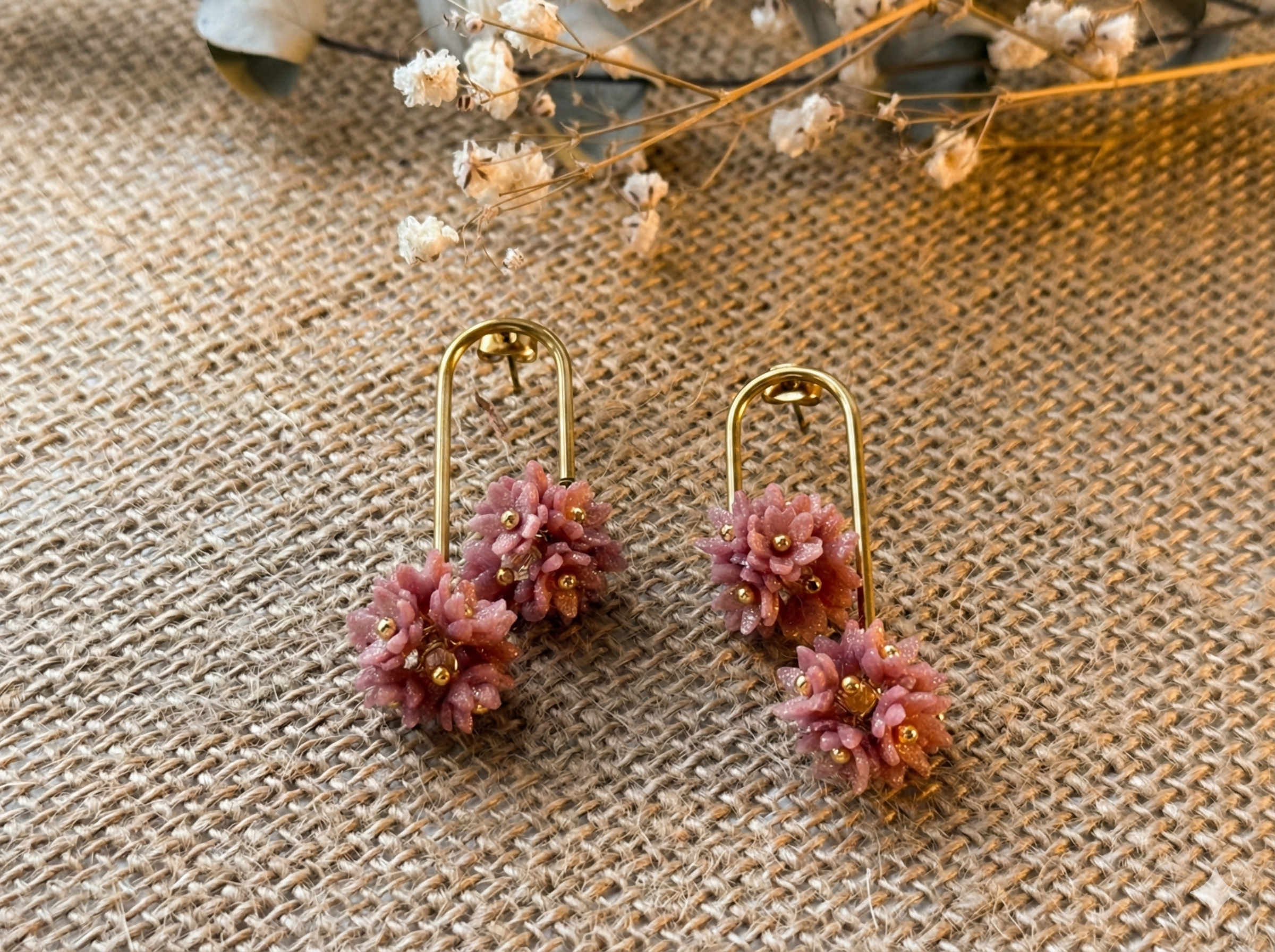 Floral Drop Earrings with Gold Arc and Flower Cluster in Blush Pink