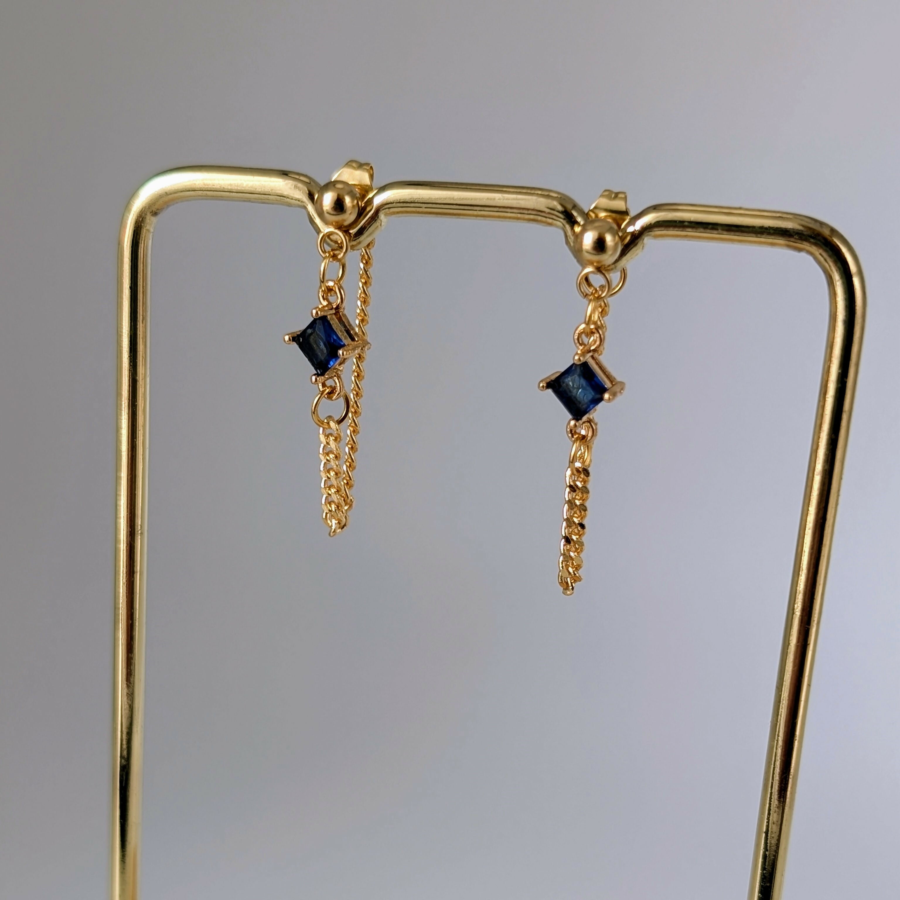 Sapphire Blue Zirconia Chain Earrrings on Gold Plated Ball Stud