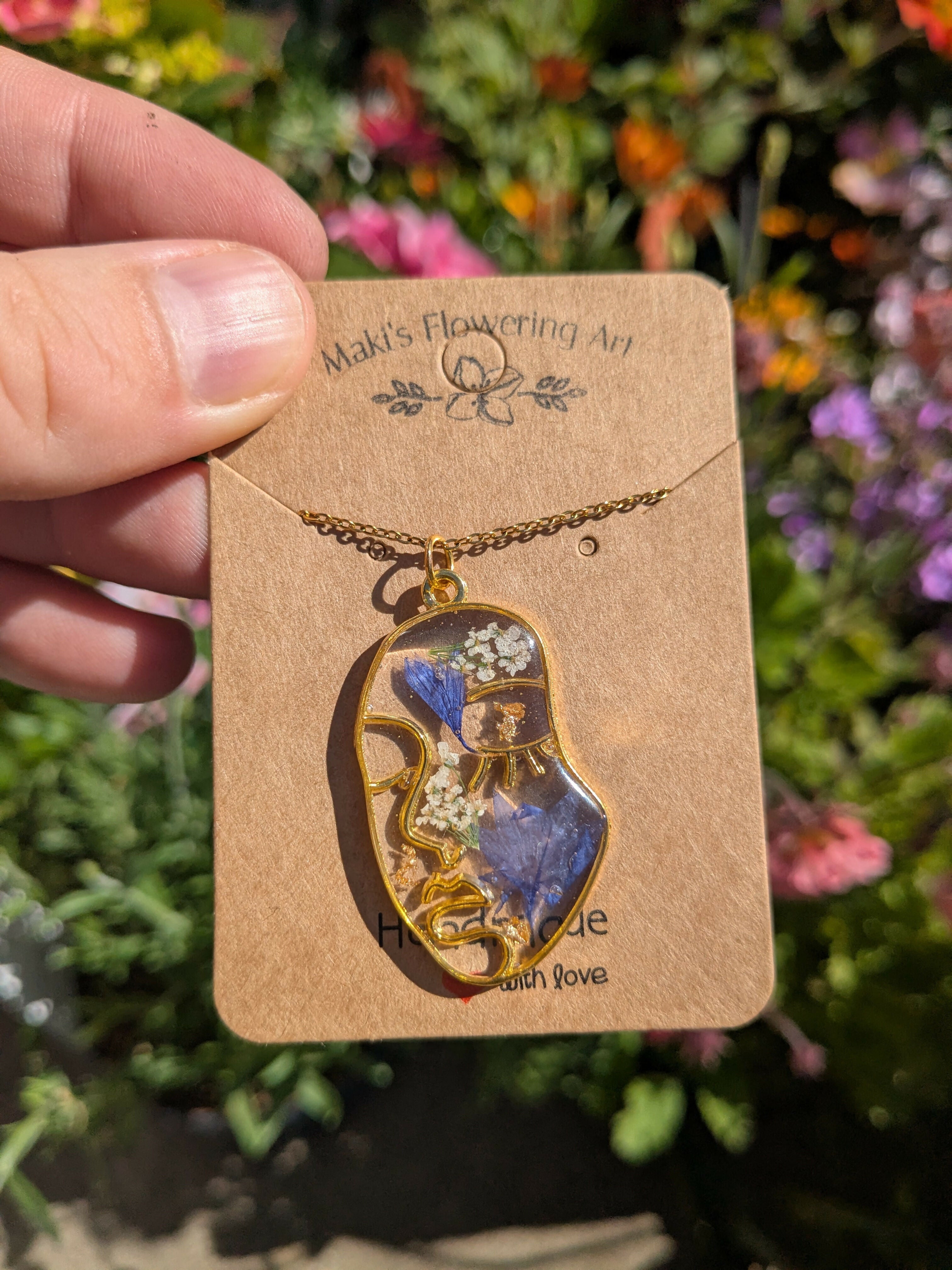 BLUE CORNFLOWER LADY FACE NECKLACE