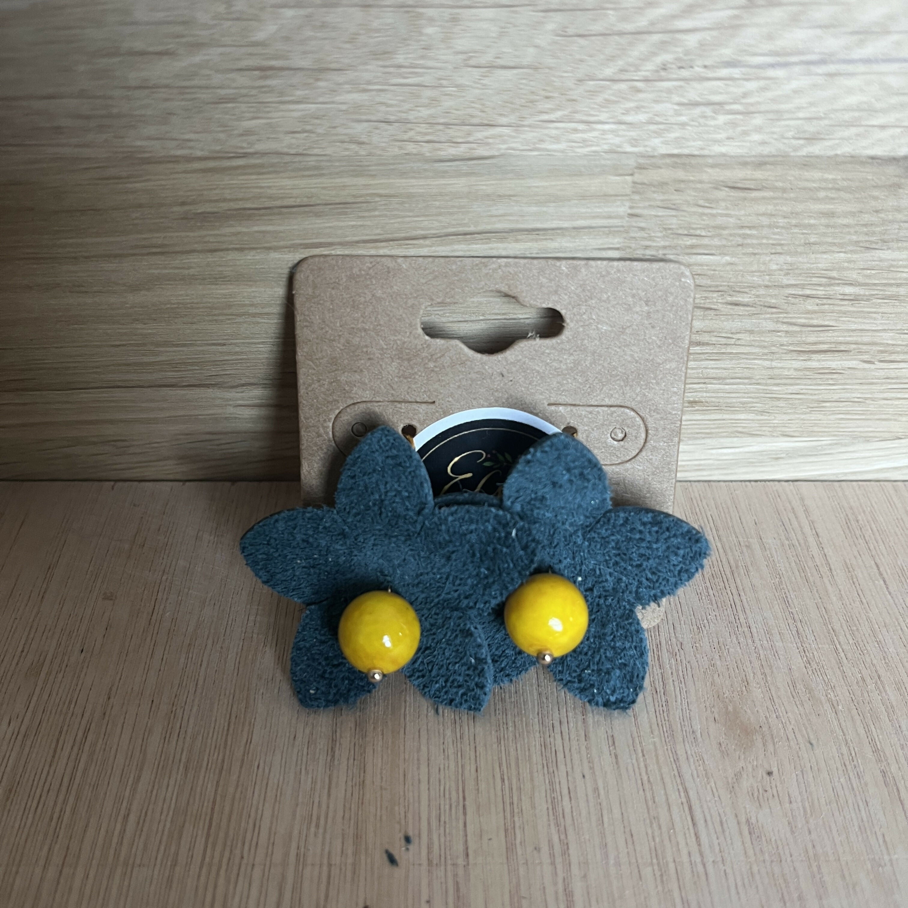 Forest Whisper – Blue Leather Flower Earrings with Yellow Stone