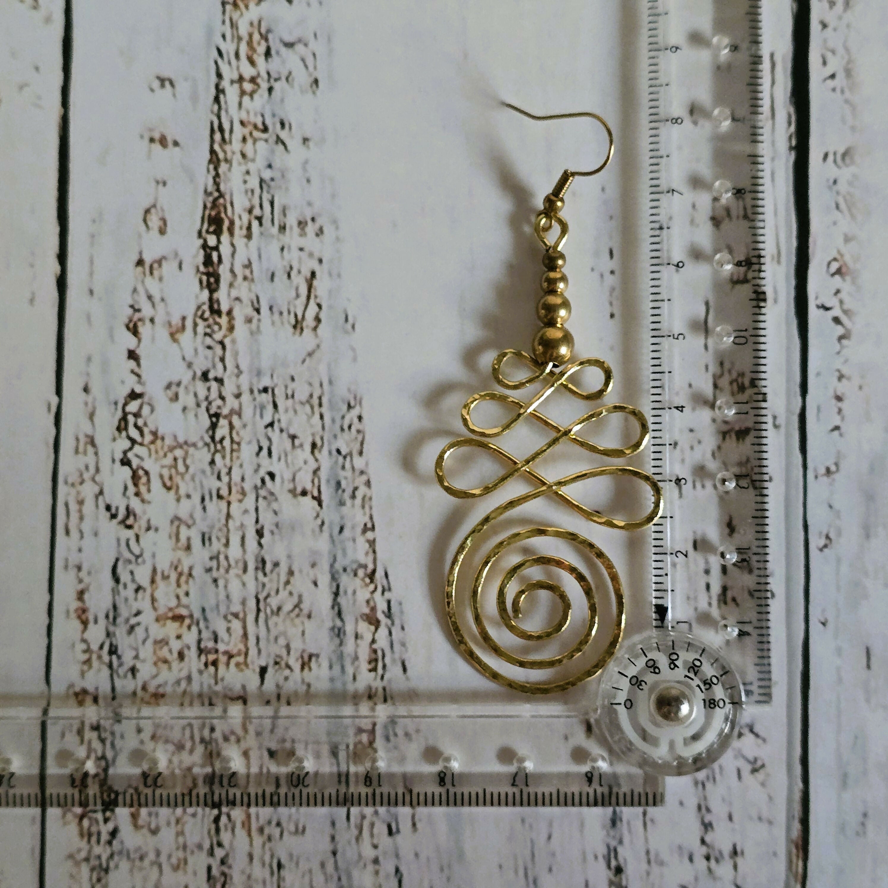 Gold Unalome Earrings; Hand Sculpted Brass Wire Spiral Buddhist Boho Thai Earrings