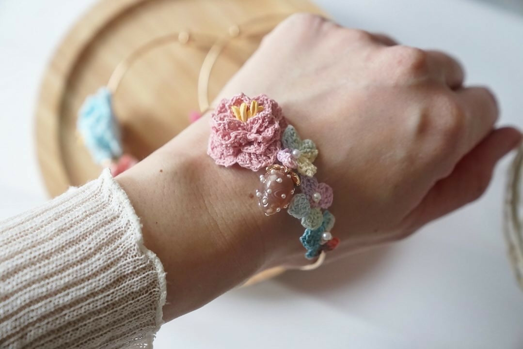 Handmade Micro Crochet Peony with Strawberry Flower Bangles