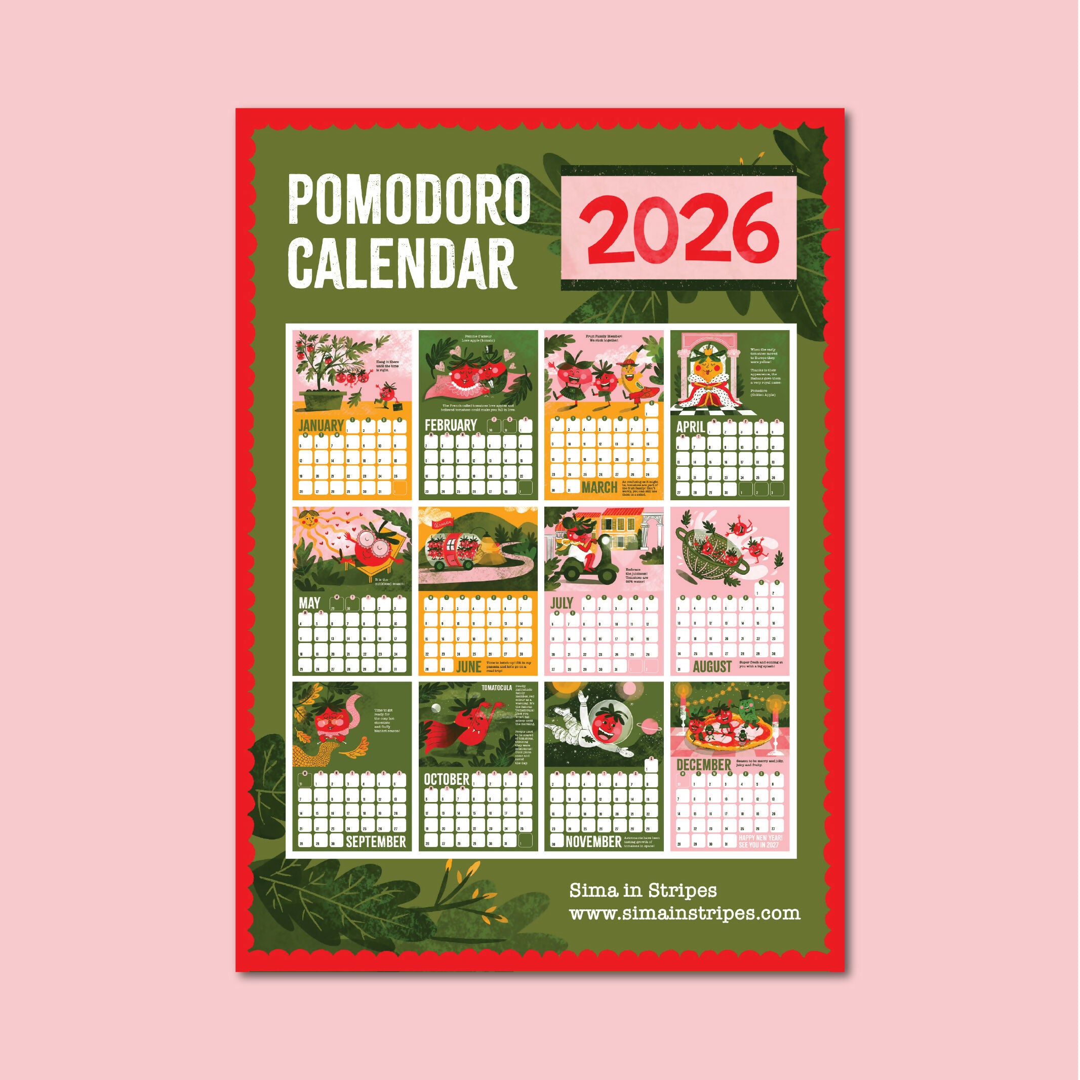 Funny Pomodoro Tomato Calendar for Year 2026 with Fun Facts