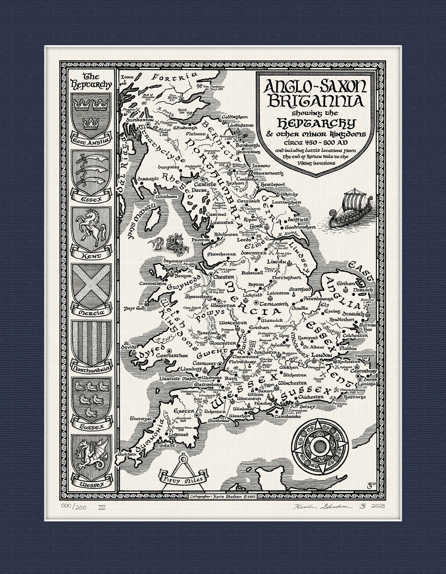 Anglo Saxon Britain Map Hand Drawn Fine Art Print