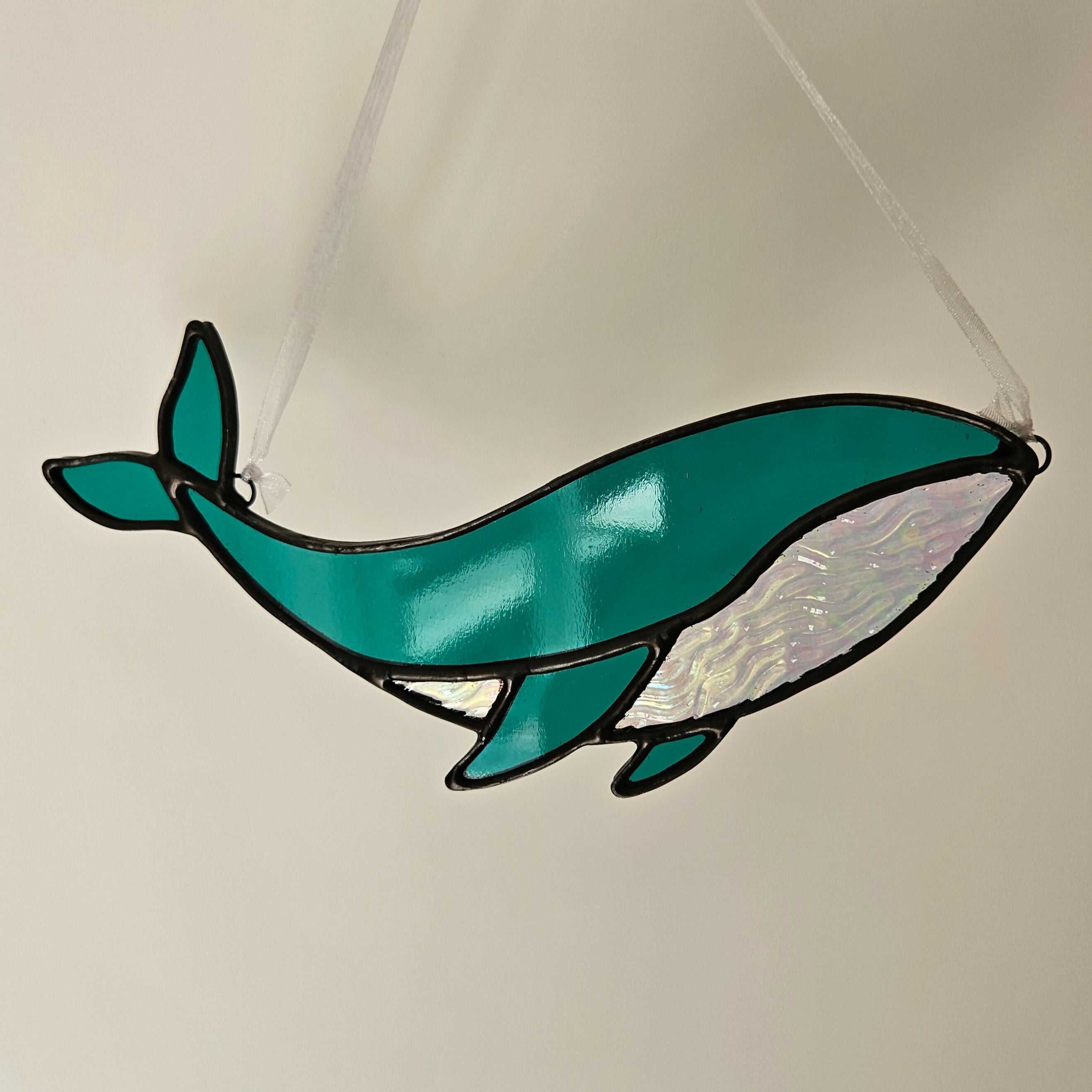 Teal Green & Iridescent Textured Whale Stained Glass Suncatcher