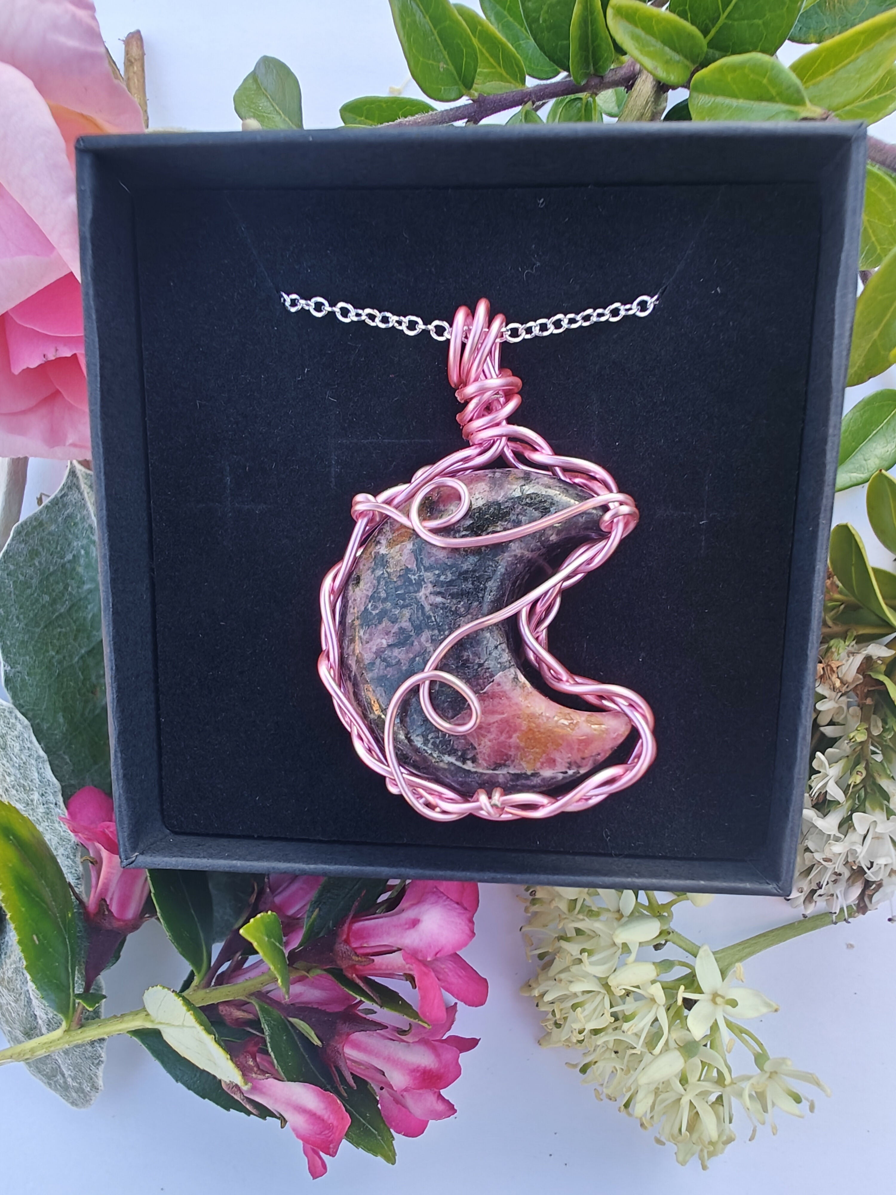 Rhodonite Wire Wrapped Crystal Moon Necklace on Sterling Silver Chain