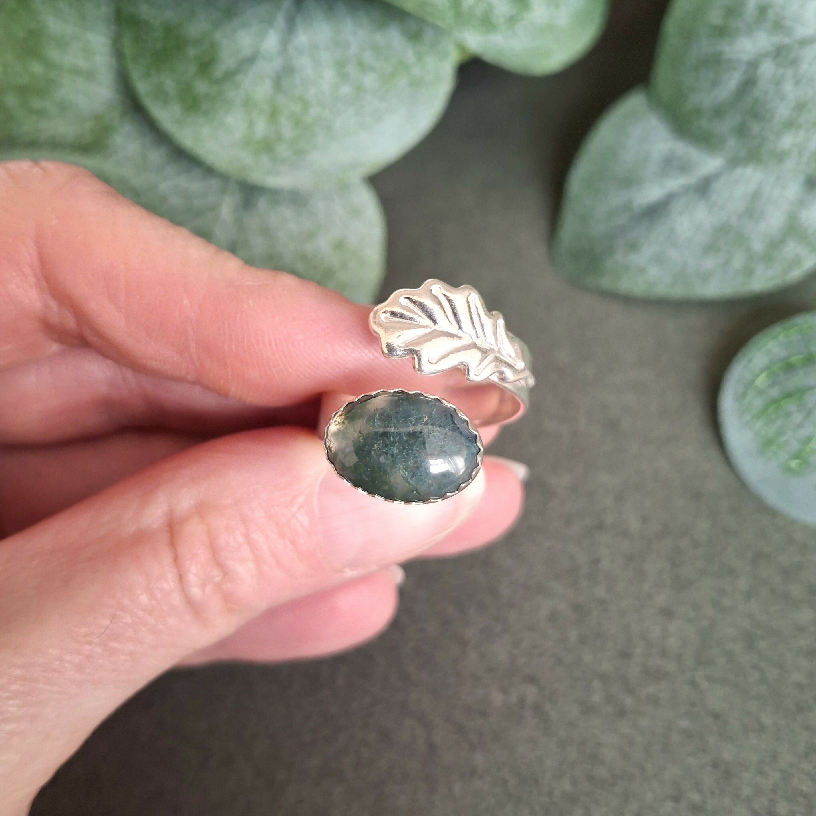 Handmade Adjustable Silver Oak Ring Moss Agate Size R½