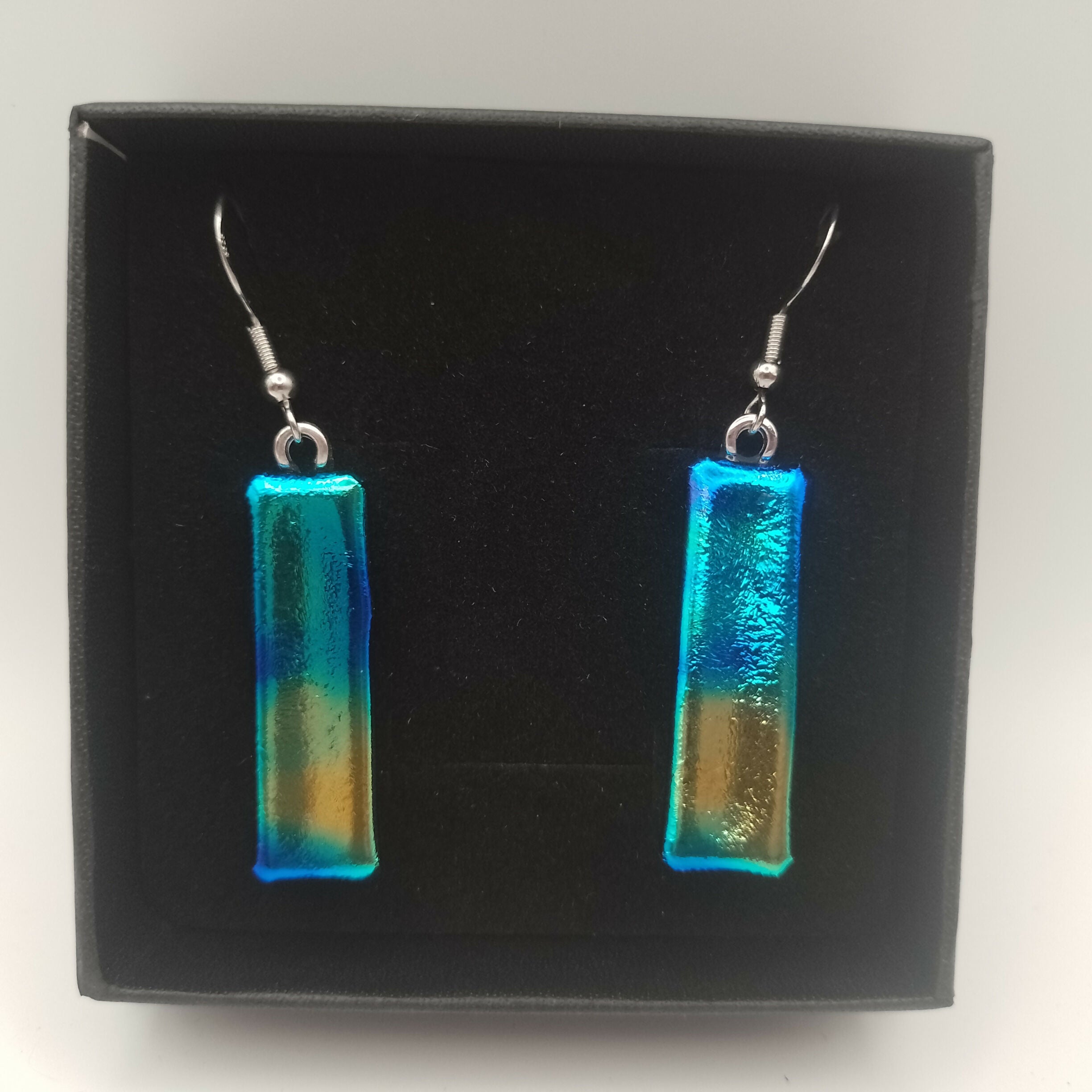 Blue, Green and Gold Dichroic Glass Earrings