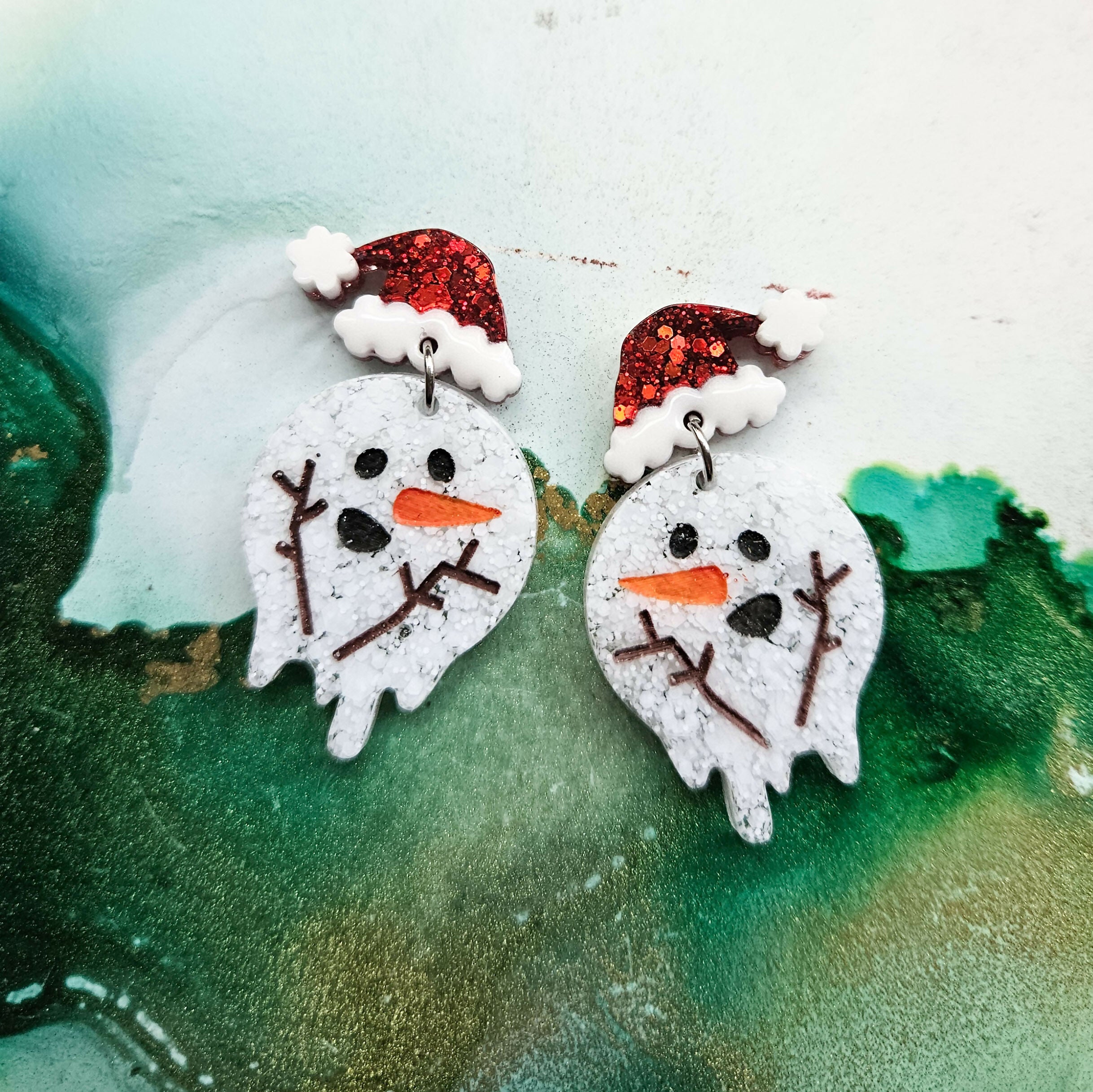 Handmade Melting Snowman Resin Christmas Earrings