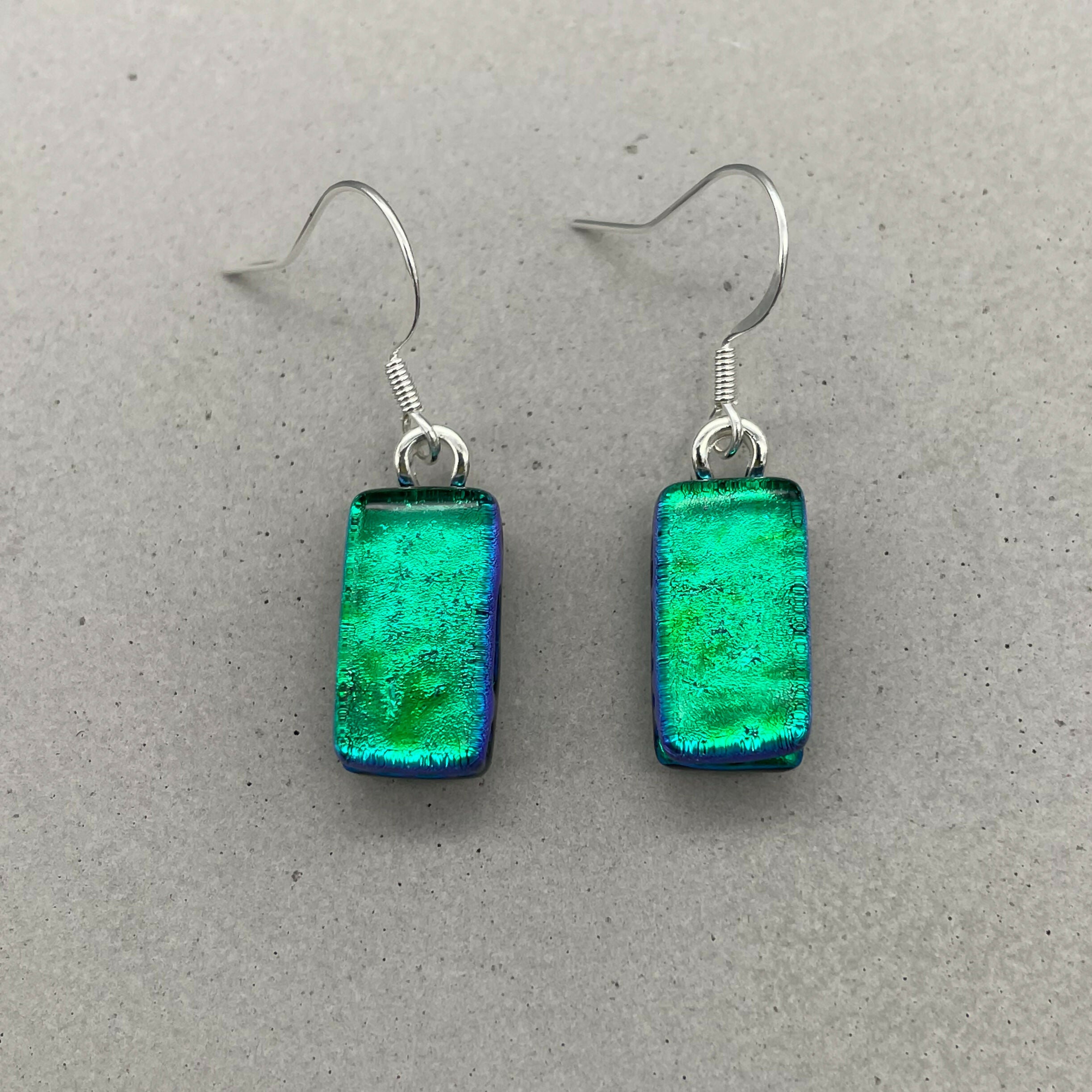 Emerald Green Dichroic Fused Glass Dangle Sterling Silver Earrings - Handmade by Jade Tapson Glass.