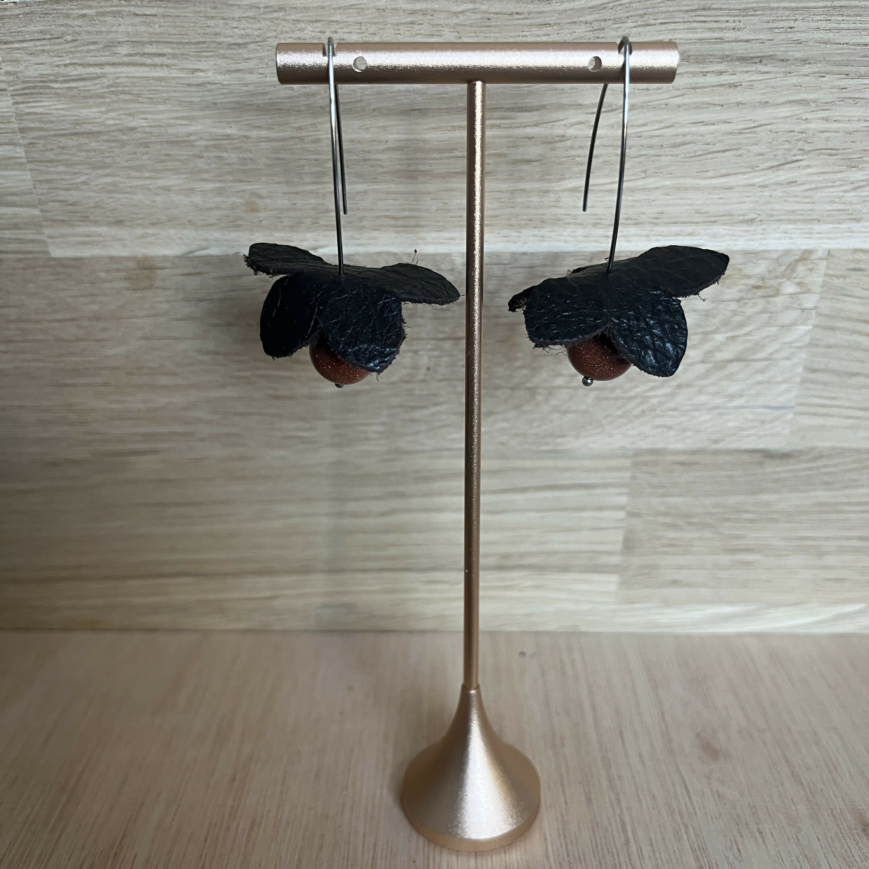 Forest Whisper –Brown Leather Flower Earrings with Brown Stone