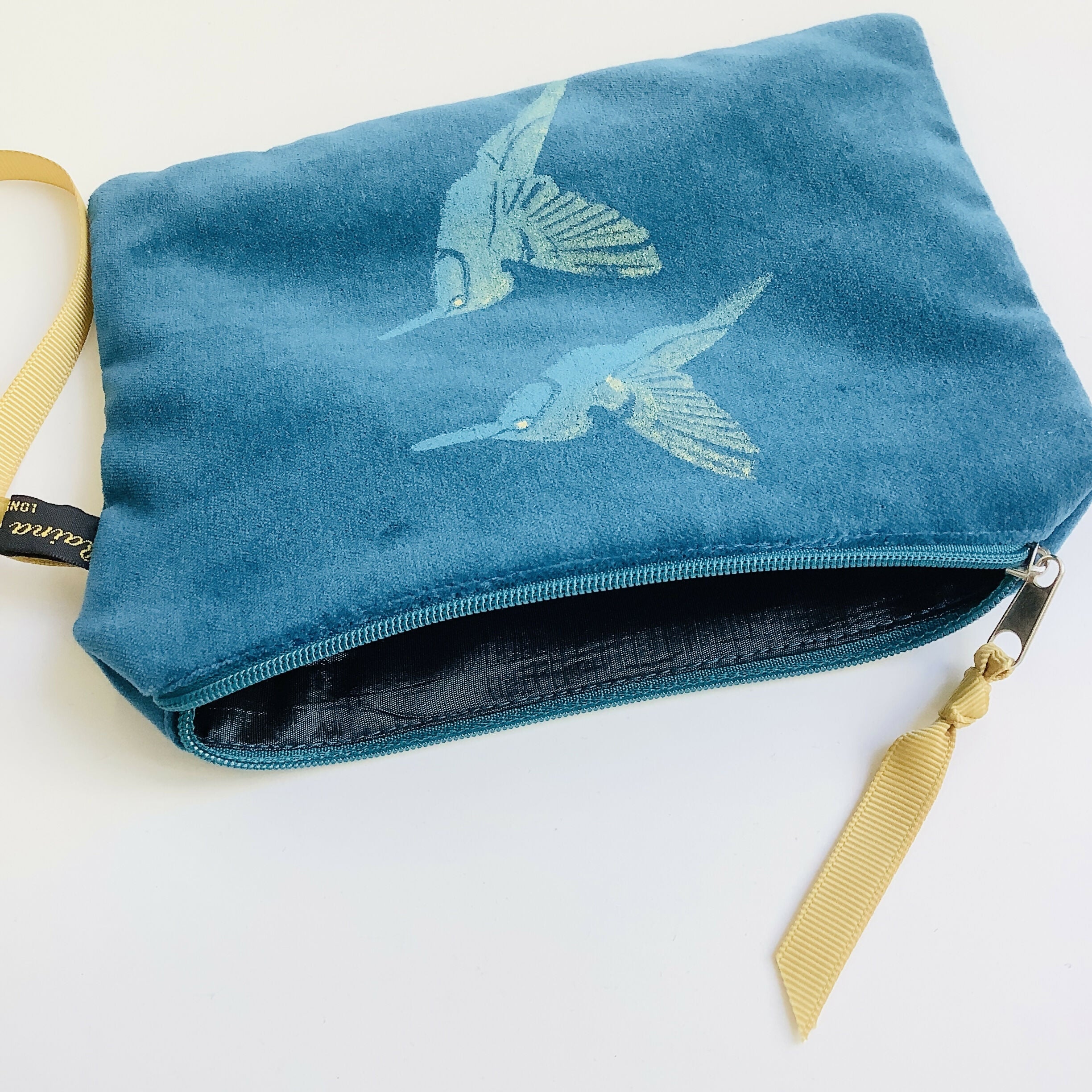 Teal Hummingbirds Velvet Zip-Up Pouch with Wrist Strap