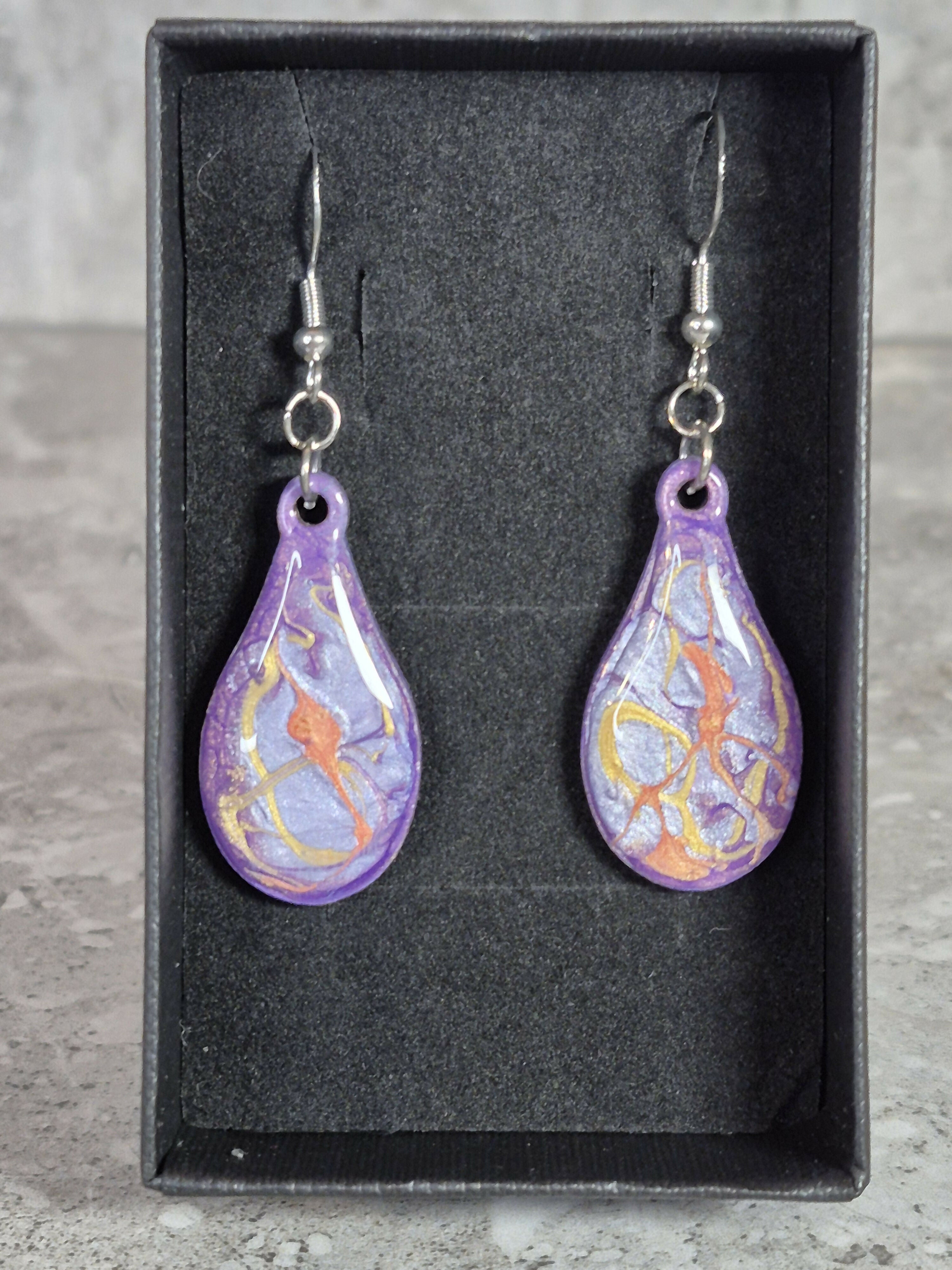 Handcrafted Tear Drop Purple, Silver, Gold And Orange Earrings