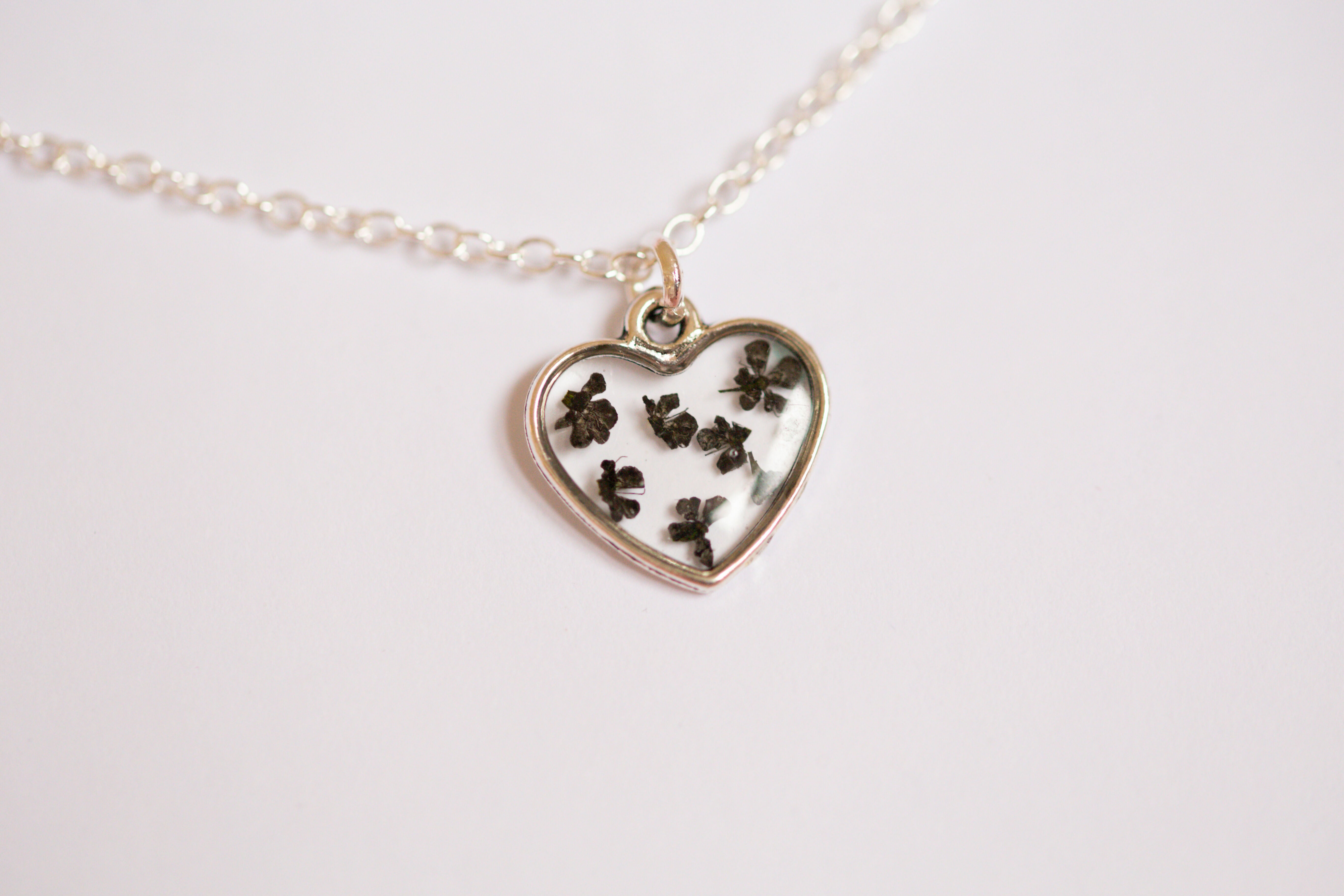 Black Queen Anne’s Lace Tiny Heart Necklace Silver Plated