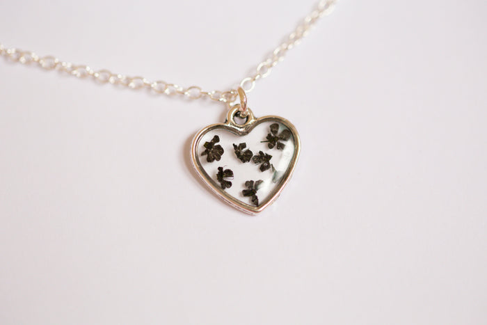 Black Queen Anne’s Lace Tiny Heart Necklace Silver Plated