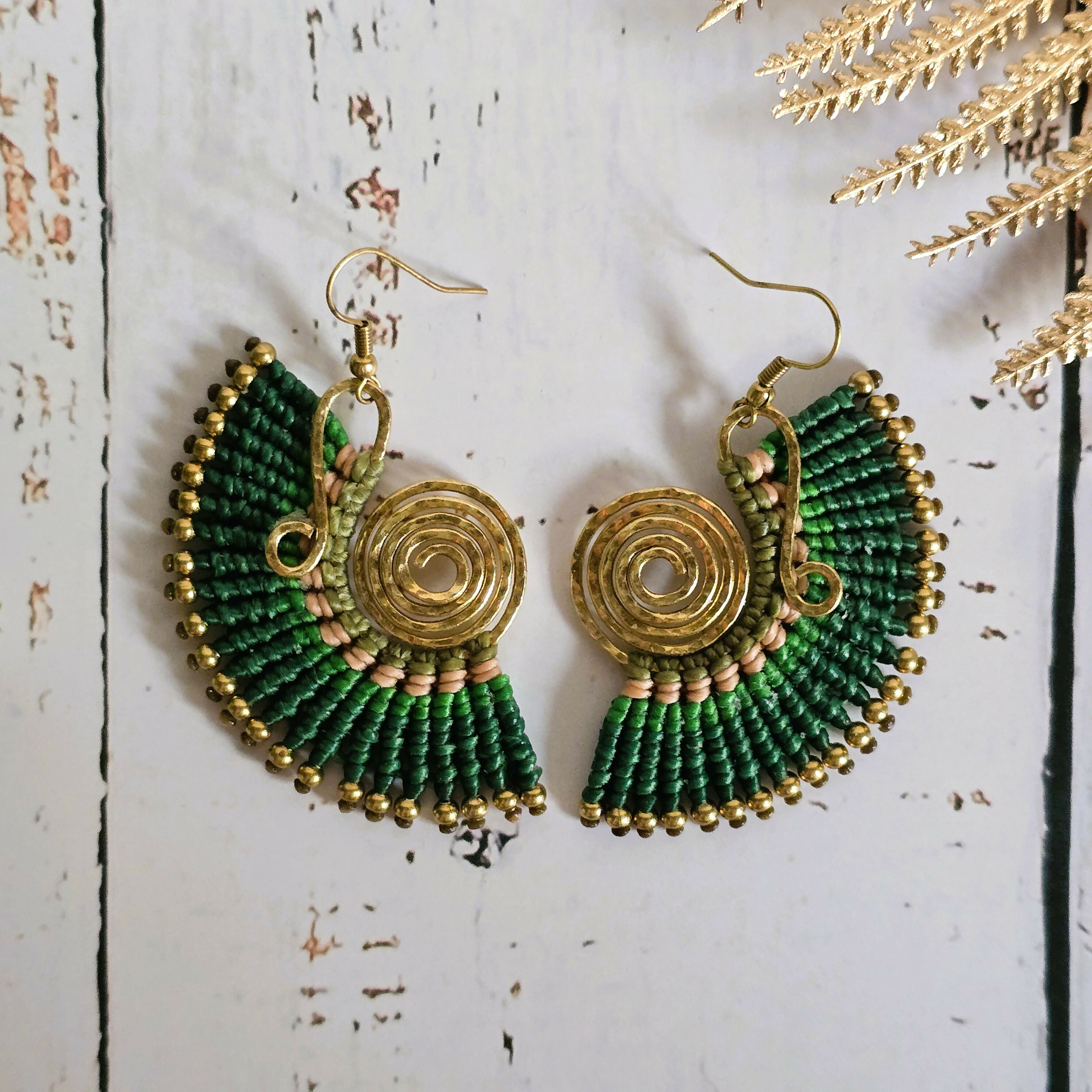 Green Fan Macrame Earrings; Ear Jacket Style Boho Nature Bold Statement Gold Spiral Earrings