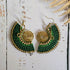 Green Fan Macrame Earrings; Ear Jacket Style Boho Nature Bold Statement Gold Spiral Earrings