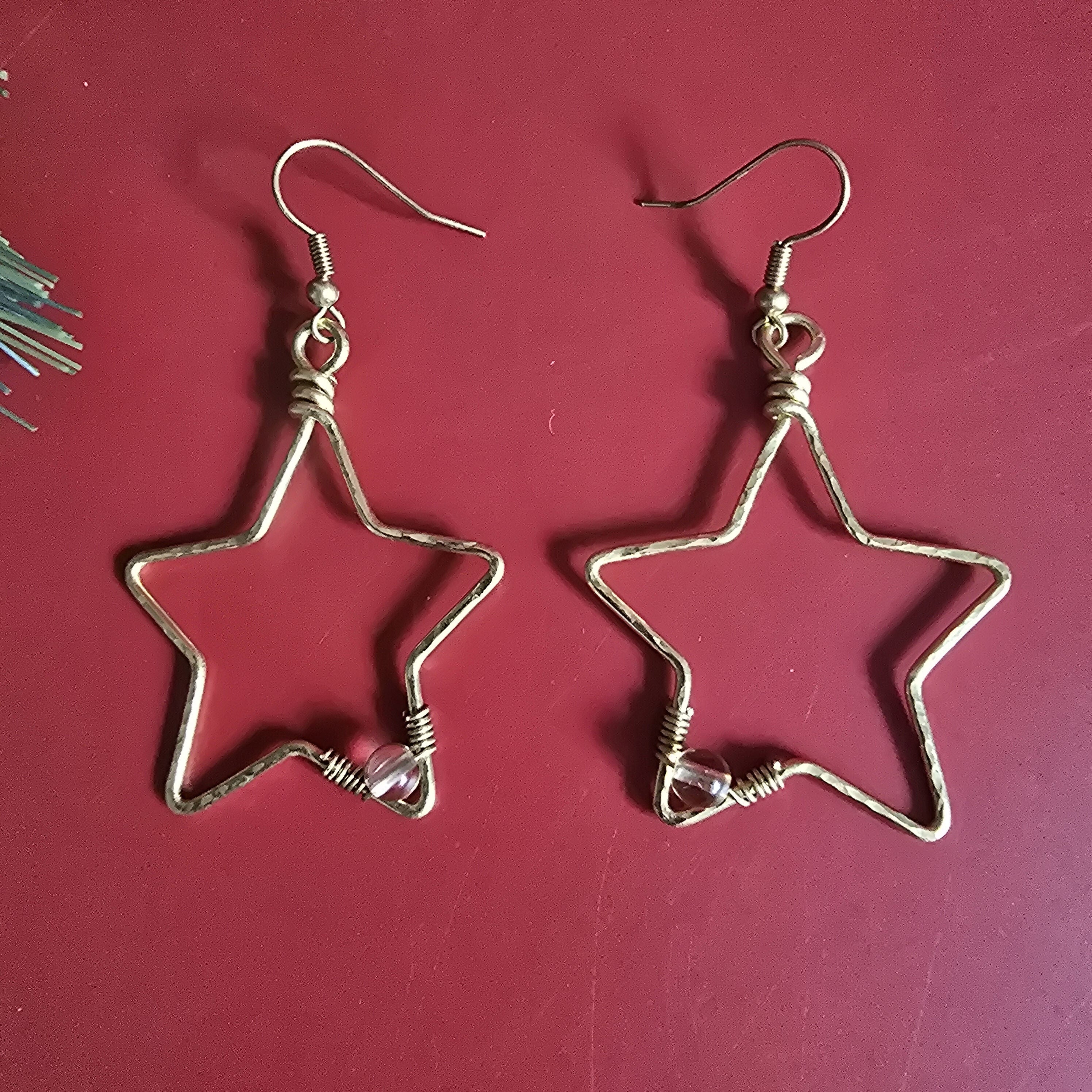 Christmas Gold Star Earrings; Citrine Crystal Celestial Festive Brass Wire Handmade Artisanal Earrings