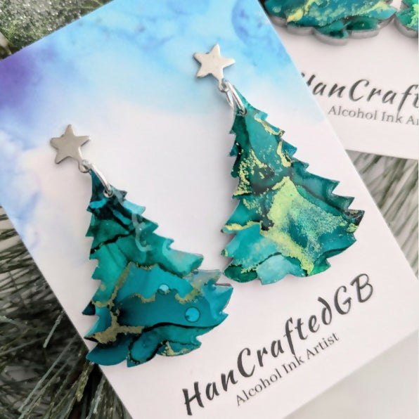 Forest Green Christmas Tree Earrings, Alcohol Ink Art