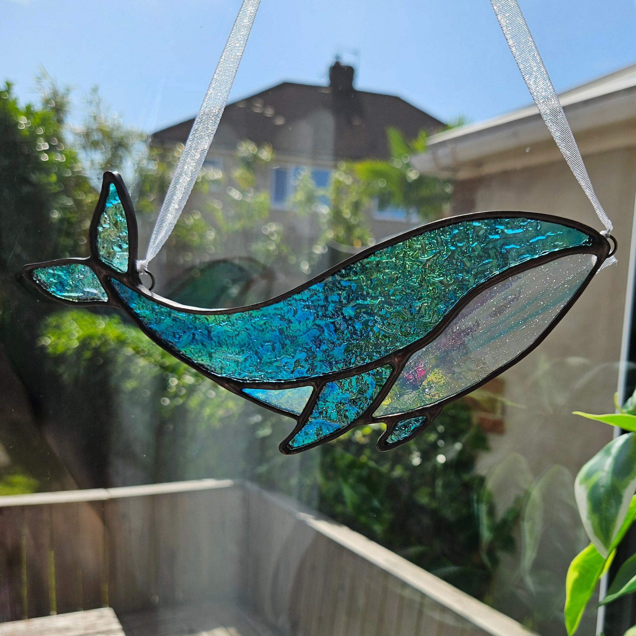 Textured Iridescent Green-Blue Whale Stained Glass Suncatcher
