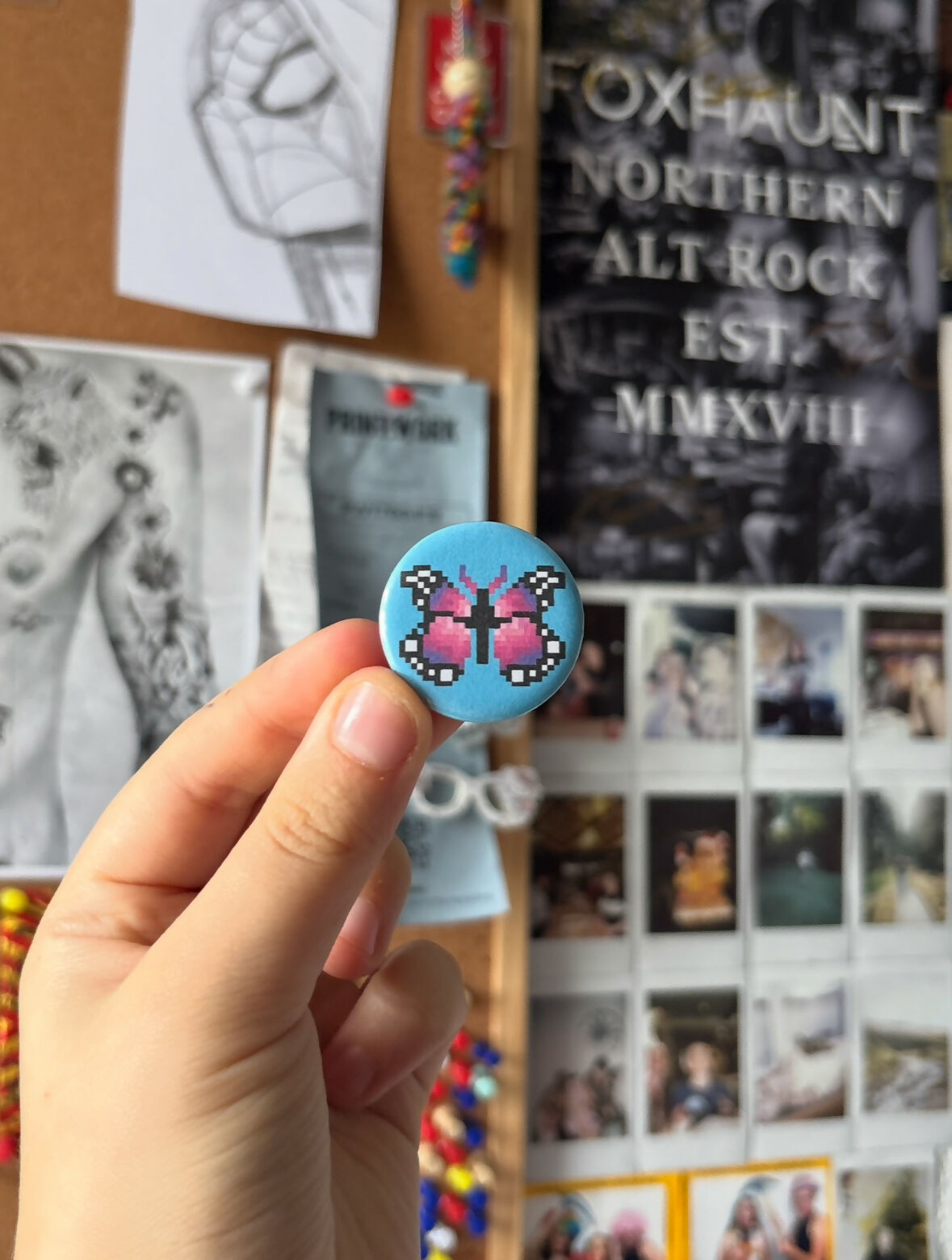 Pixel Pink Butterfly Pin Badge In Blue