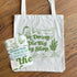 "I'm doing the big veg shop." Hand printed, illustrated, white canvas tote bag