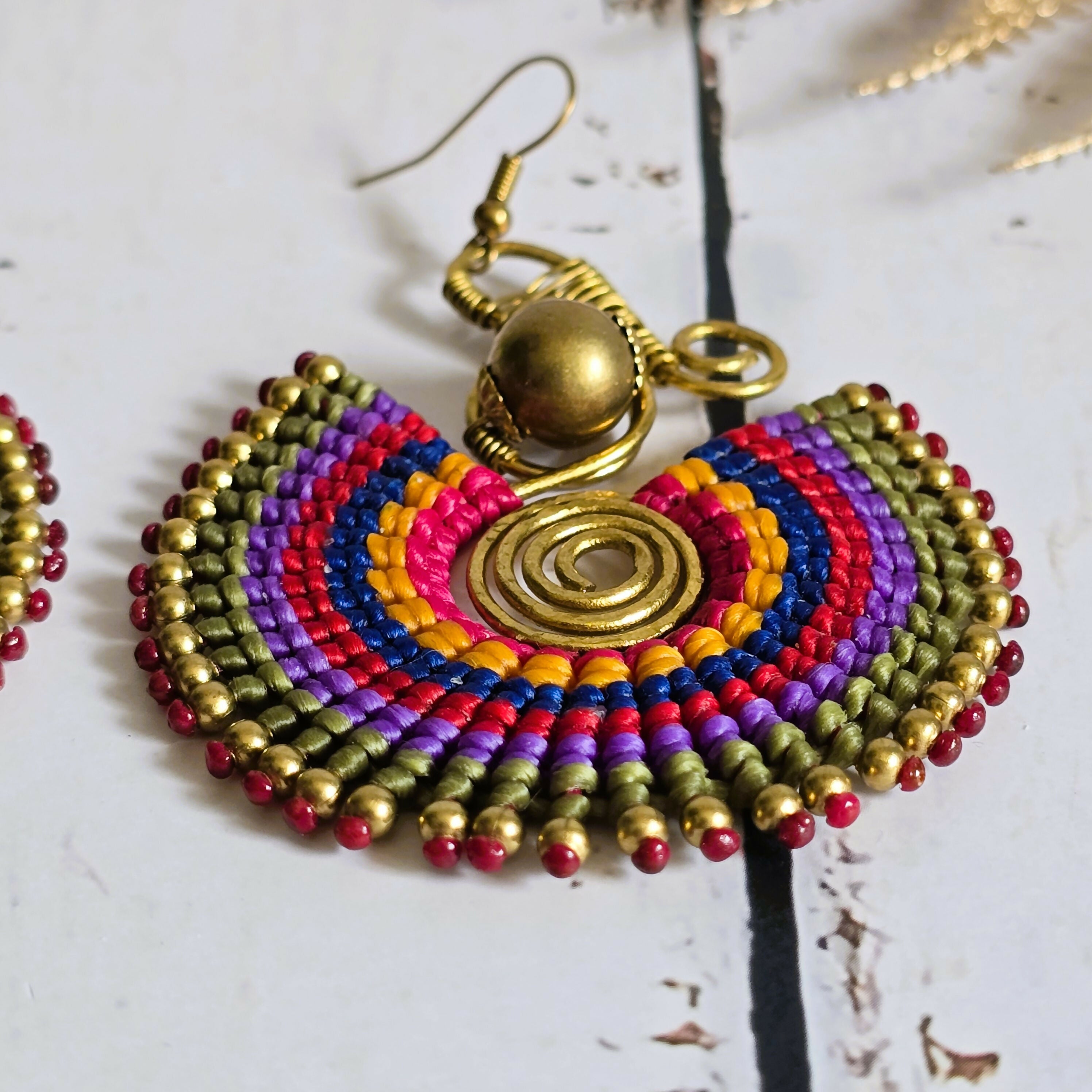 Rainbow Macrame Earrings: Gold Brass Spiral Boho Statement Earrings