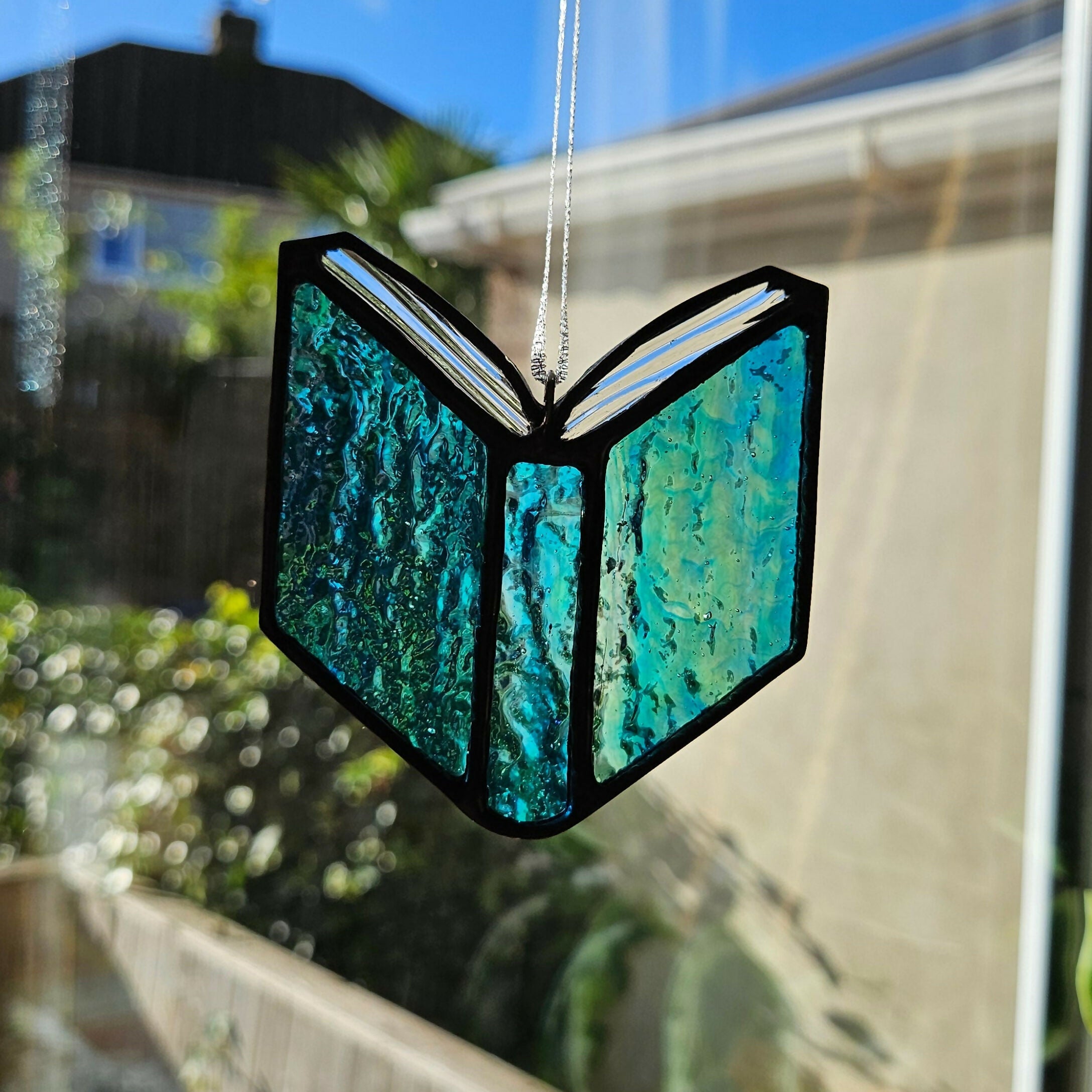 Textured Iridescent Green-Blue Book Stained Glass Suncatcher