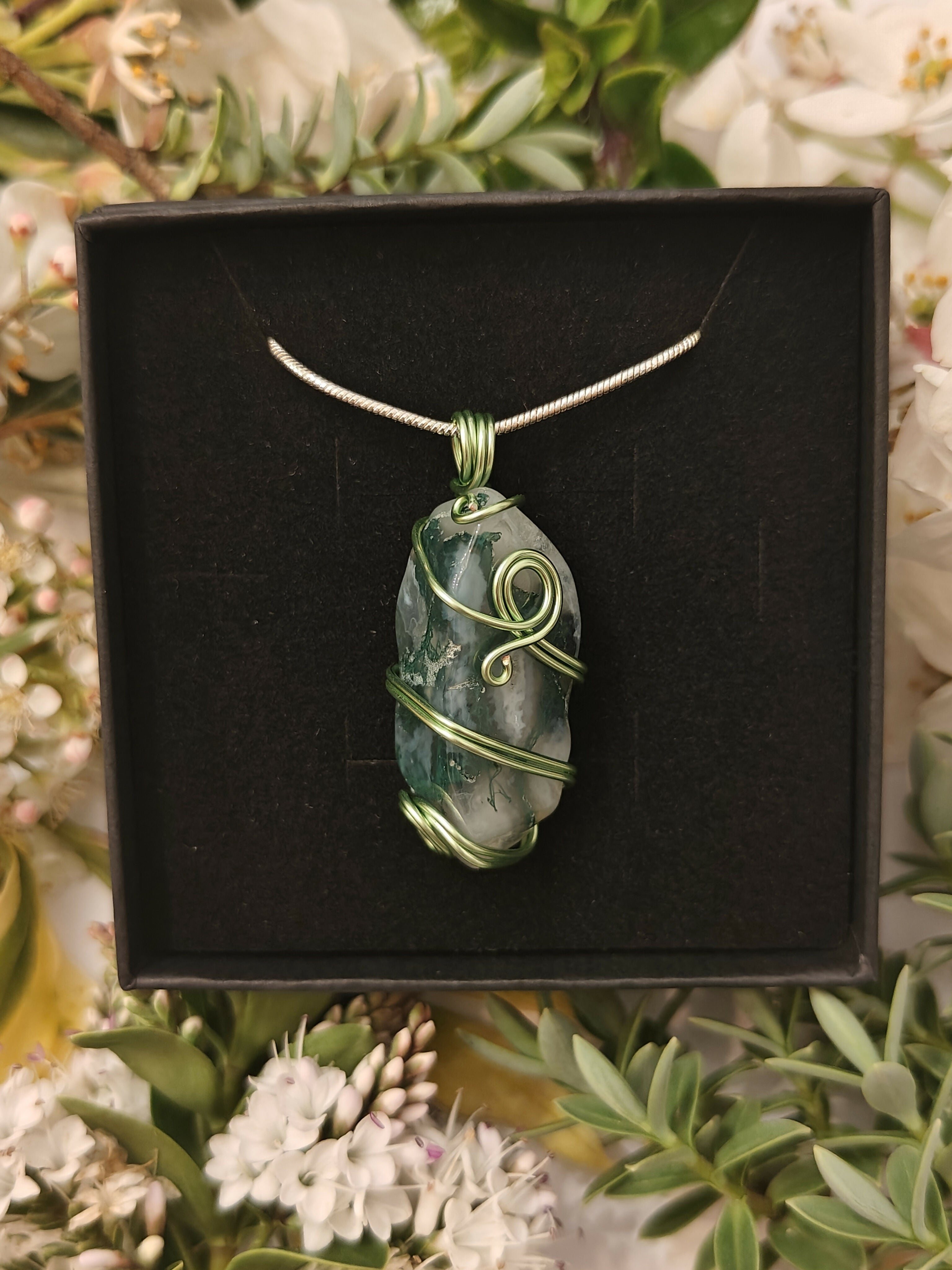 Moss Agate Wire Wrapped Crystal Necklace on Sterling Silver Chain