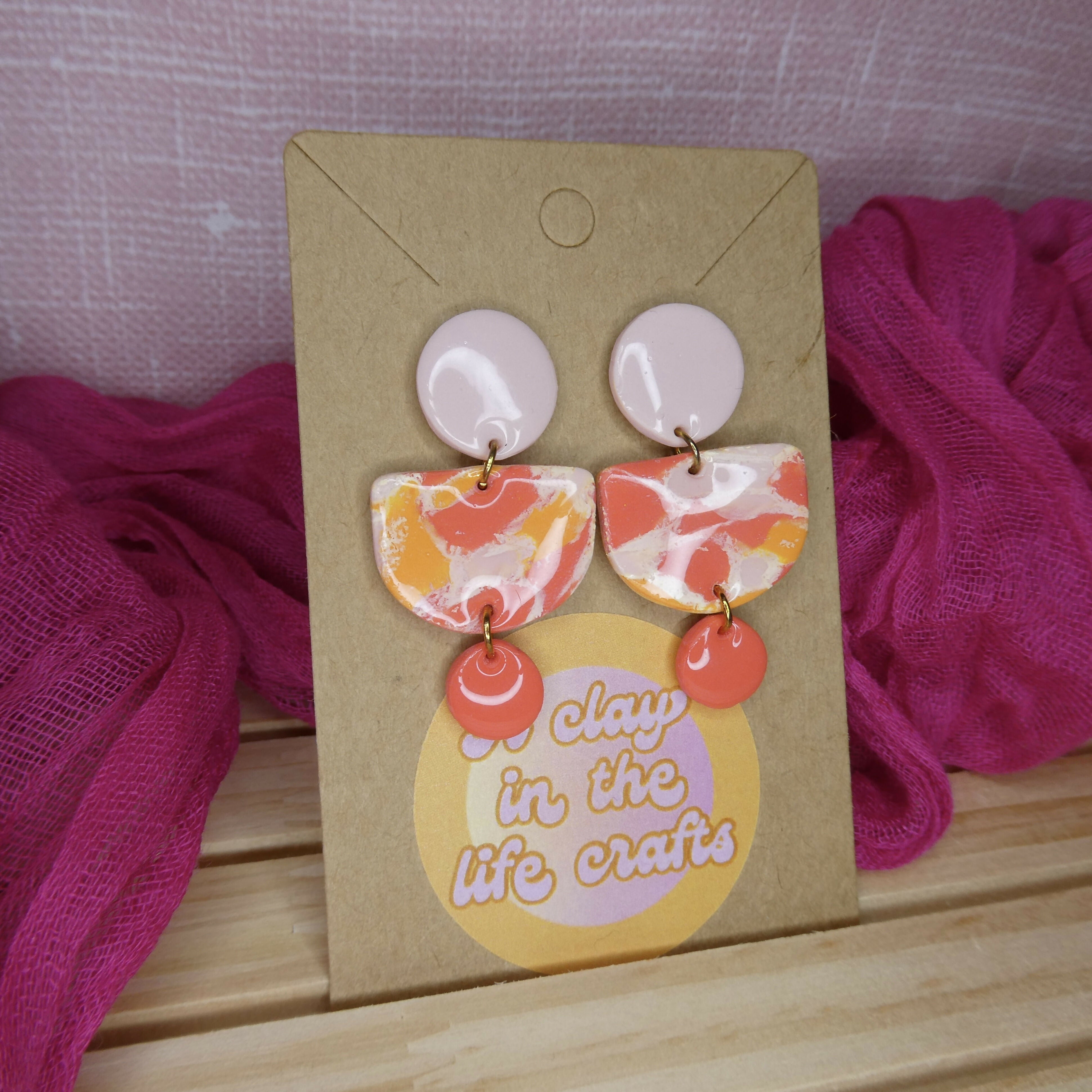 Orange Coral And Pink Semi Circle Earrings