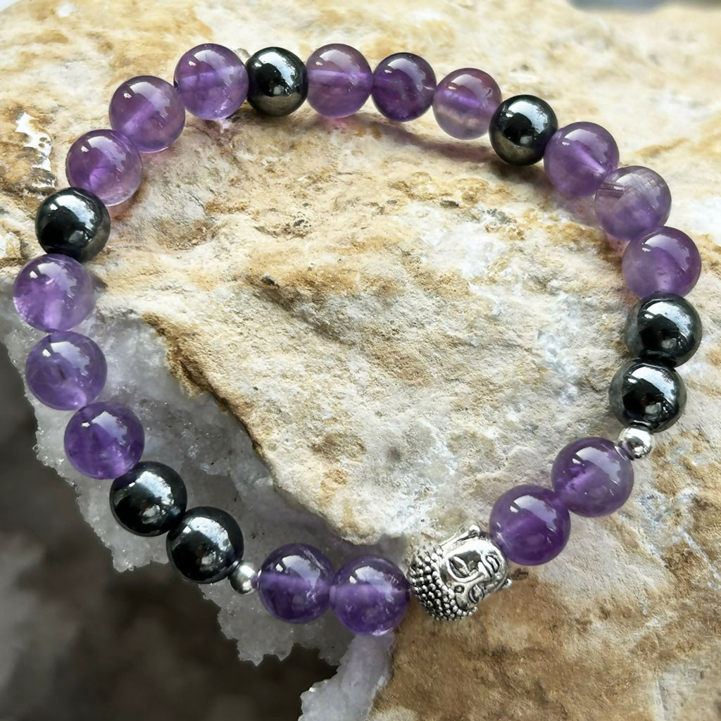 Men's Handmade Sterling Silver Amethyst And Hematite Buddha Bracelet