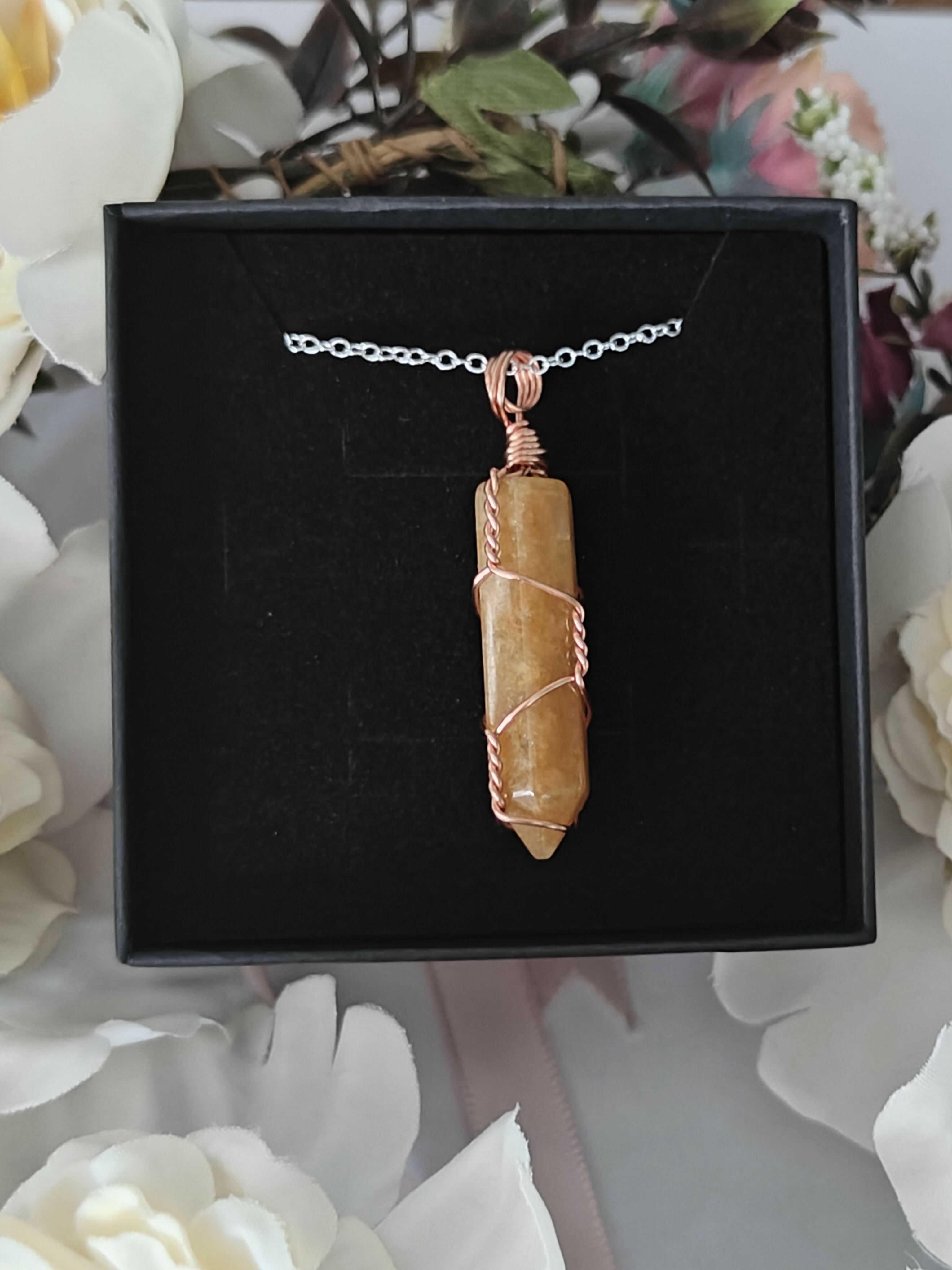 Calcite Wire Wrapped Crystal Point Necklace on Sterling Silver Chain